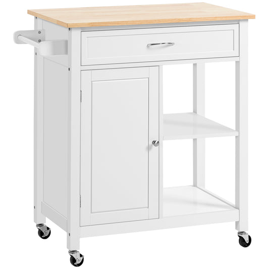 White kitchen cart with butcher block top and storage