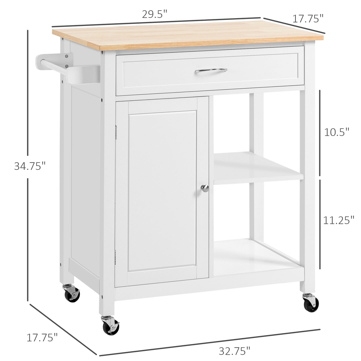 White kitchen cart with butcher block top and towel rack