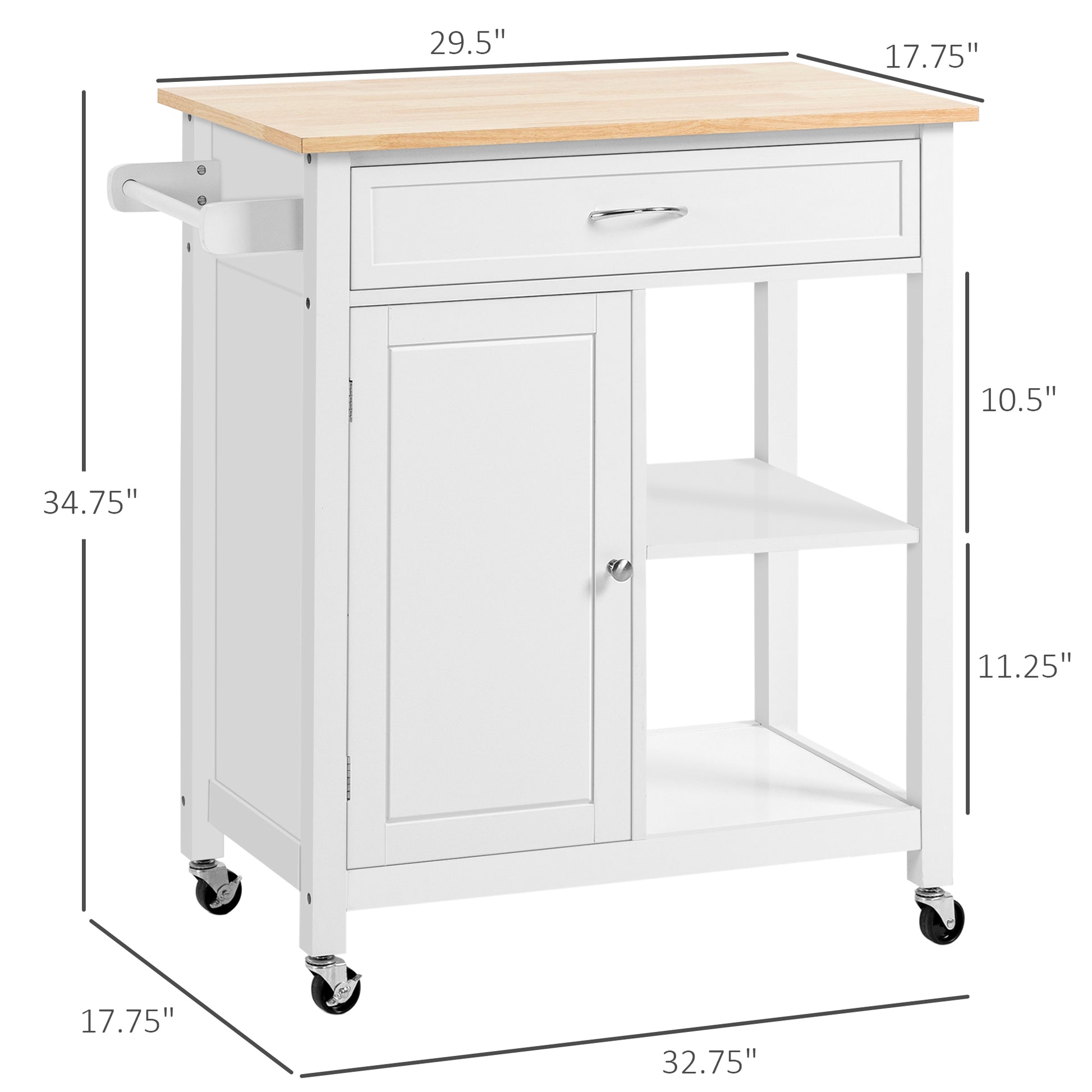 White kitchen cart with butcher block top and towel rack