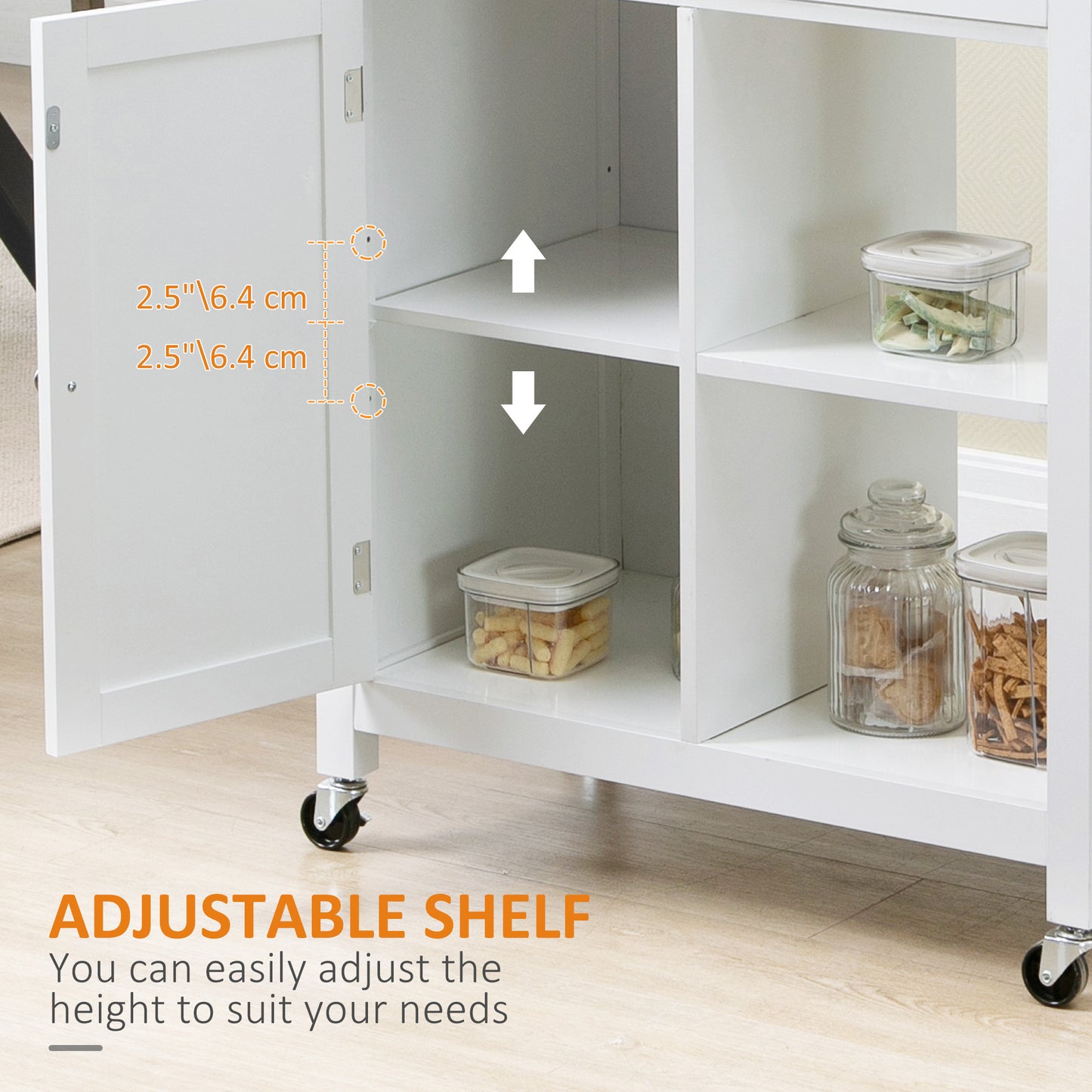 White kitchen cart with adjustable shelving and storage containers