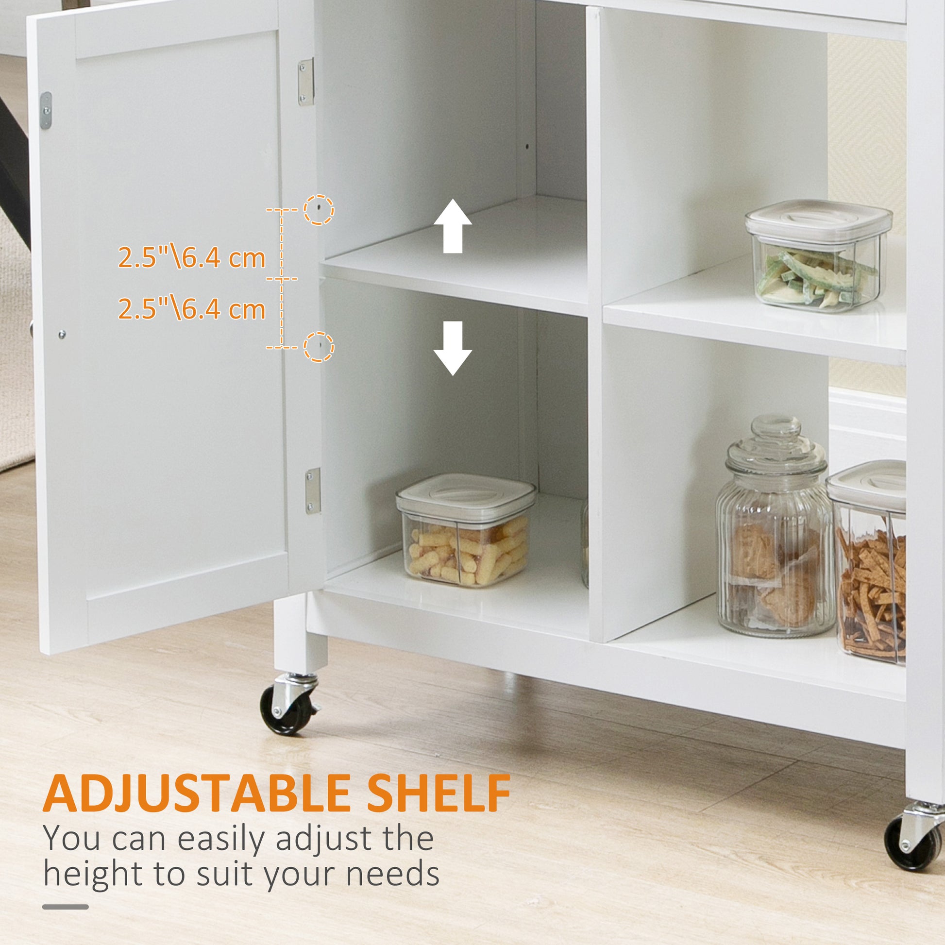White kitchen cart with adjustable shelving and storage containers