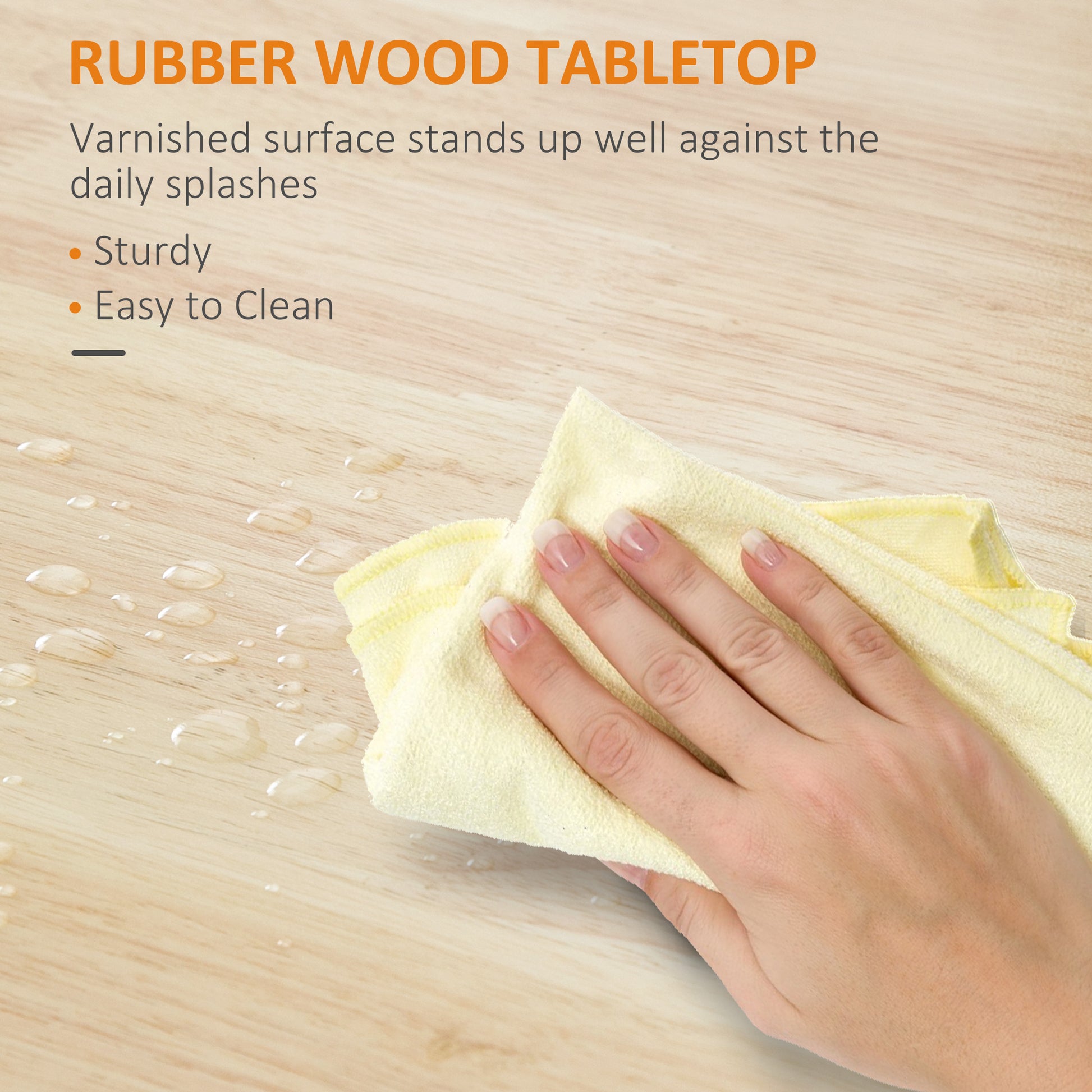 Water droplets on a varnished rubber wood tabletop being wiped by a yellow cloth