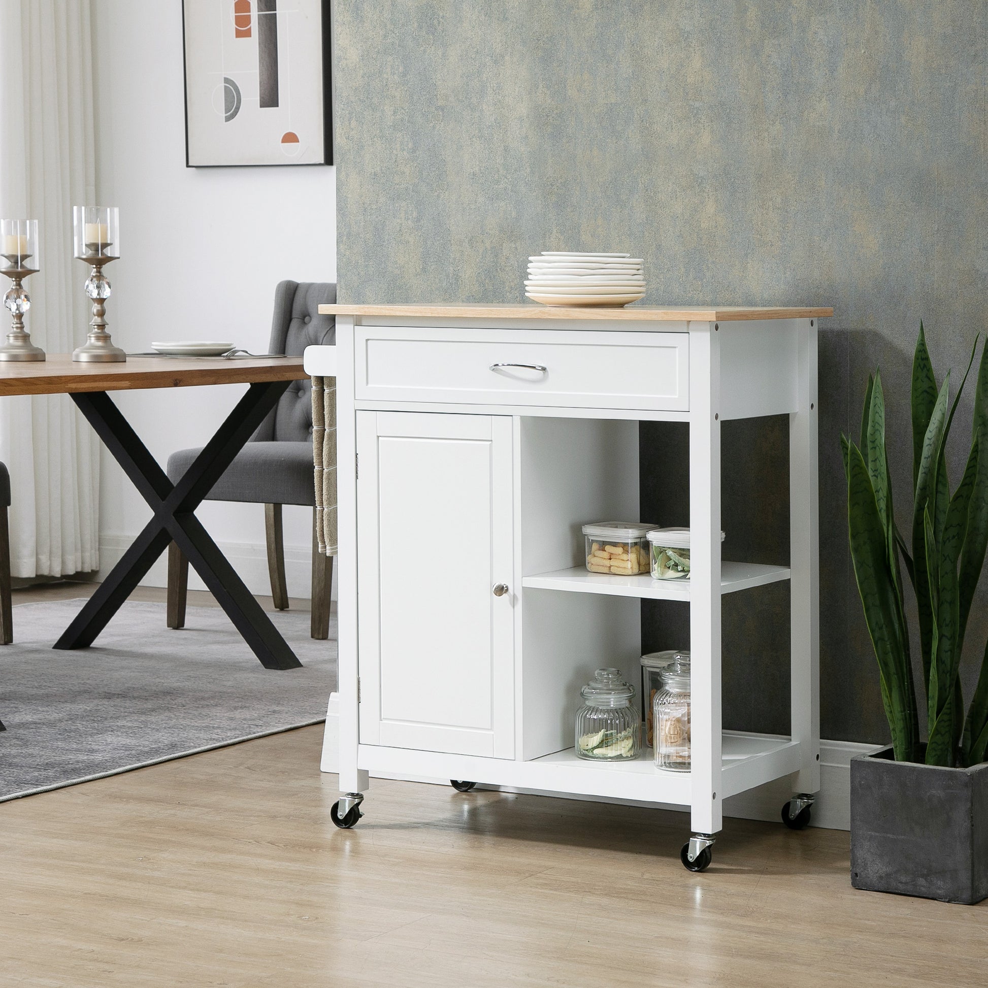 White kitchen cart with wooden top and casters