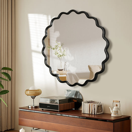 Scalloped black framed decorative wall mirror with vintage turntable
