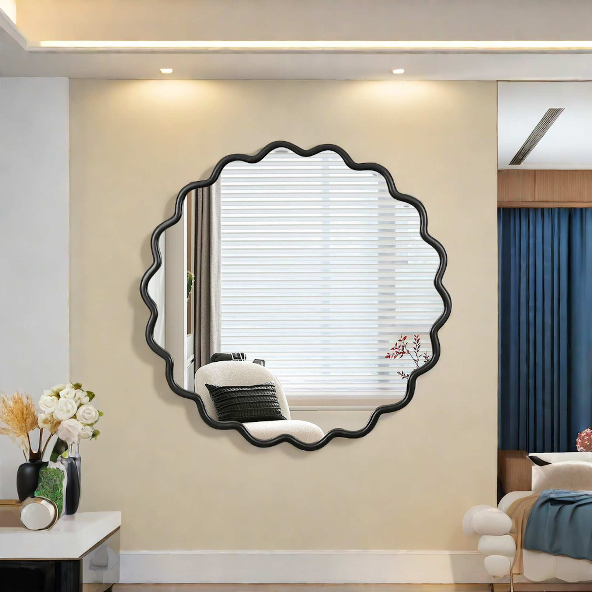 Scalloped black framed wall mirror with wavy edge design ideal for modern decor