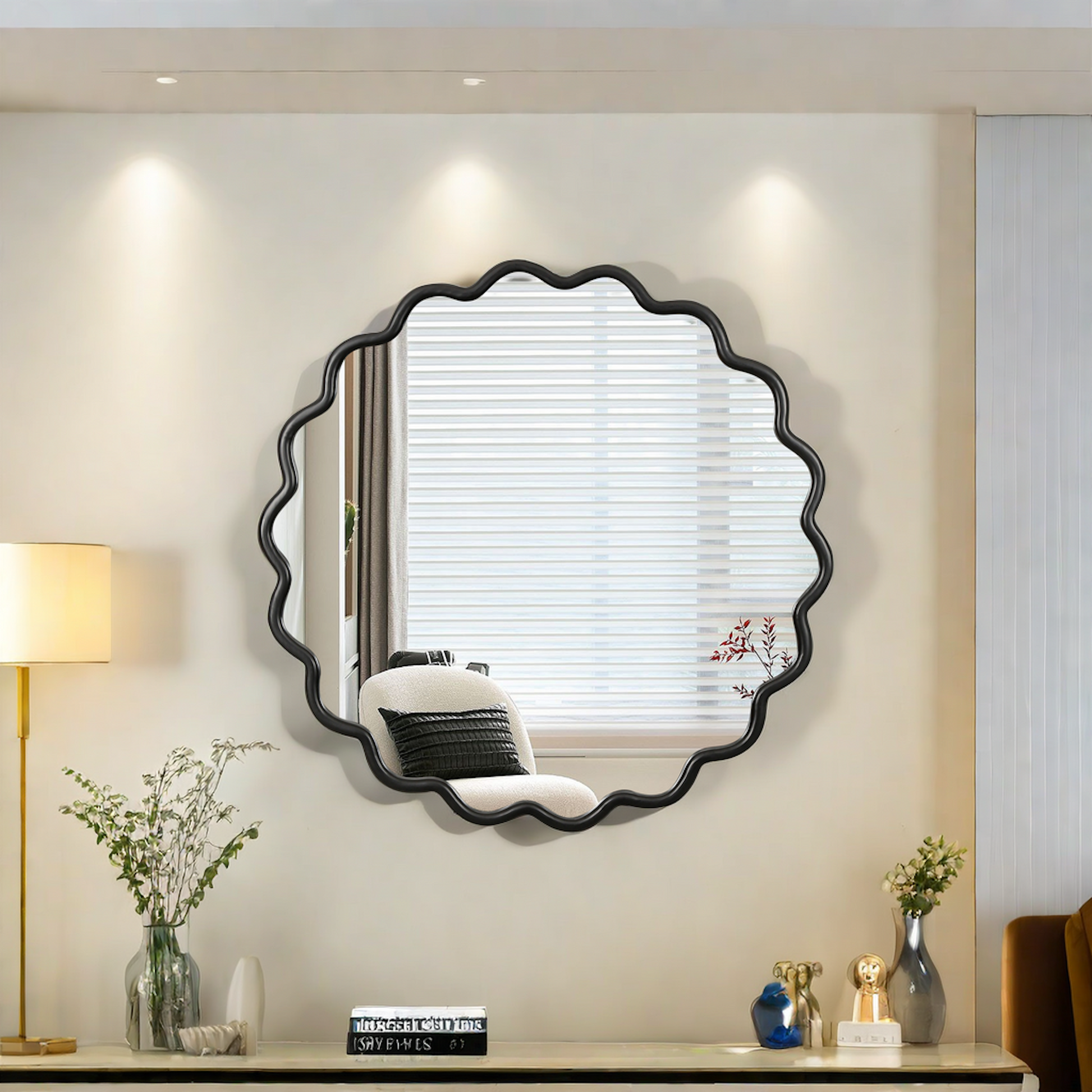 Wavy black framed decorative mirror with a scalloped edge for entryway decor