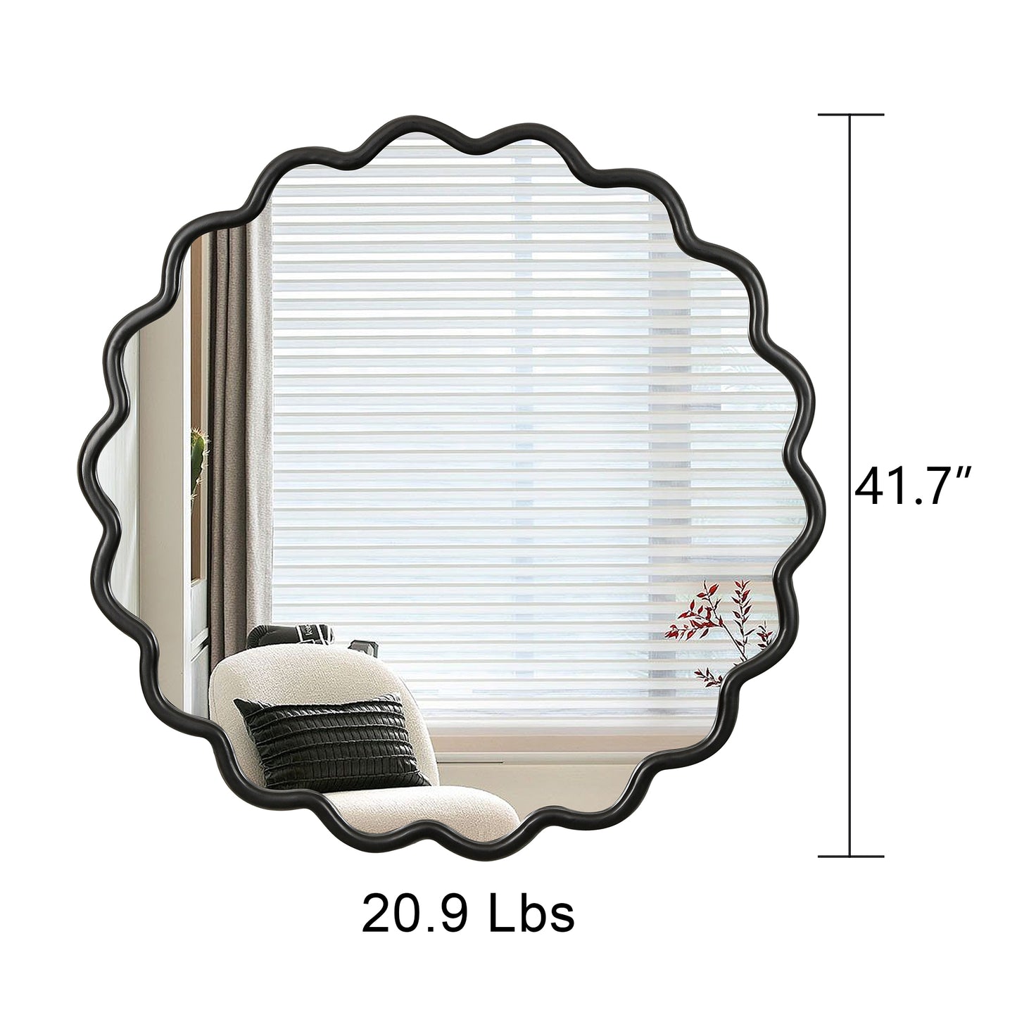 Wavy black framed decorative mirror with dimensions of  inches height and  lbs weight