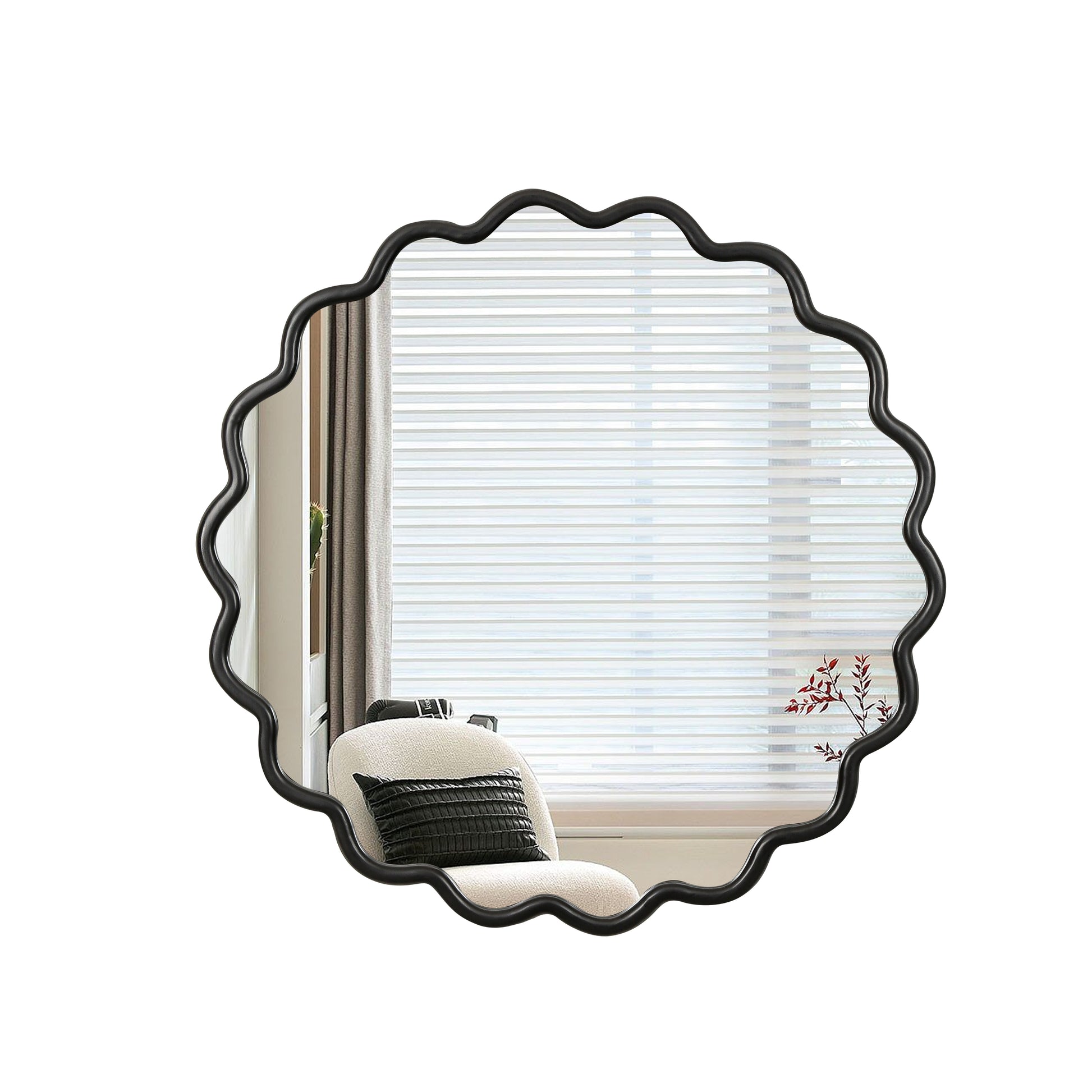 Scalloped black framed wall mirror with reflective surface perfect for home decor