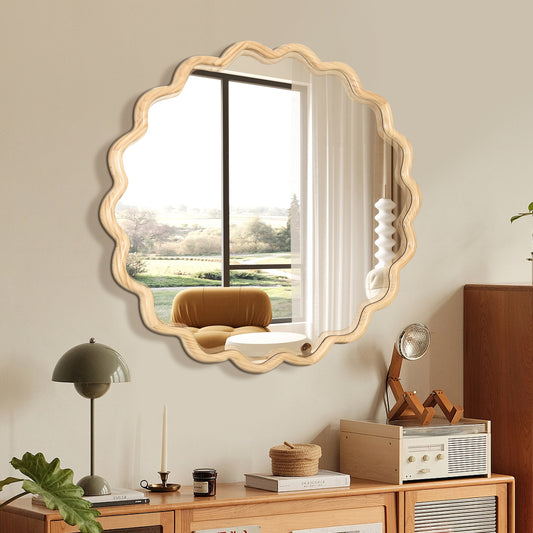 Scalloped wood frame mirror with natural wood finish modern accent piece