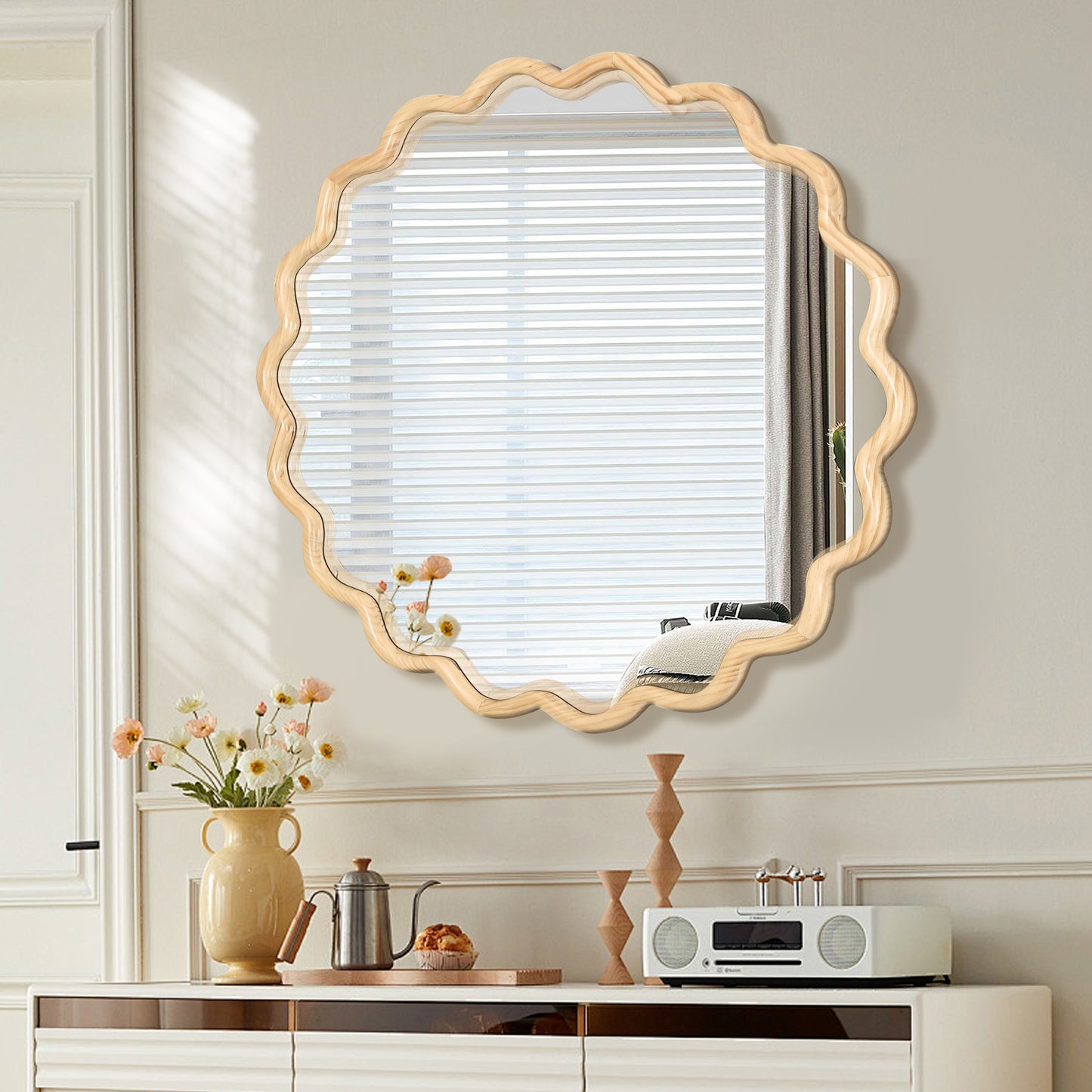Scalloped wooden frame accent mirror with wavy natural wood finish for entryway decor