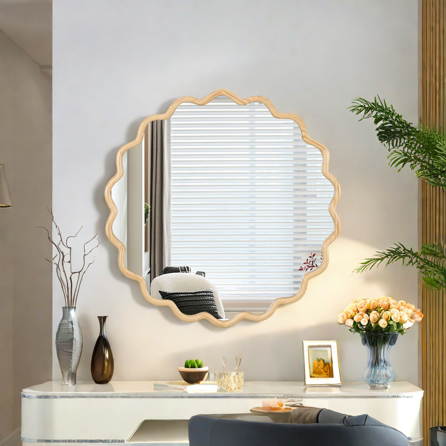 Decorative wavy wood framed mirror perfect for a modern vanity or hallway