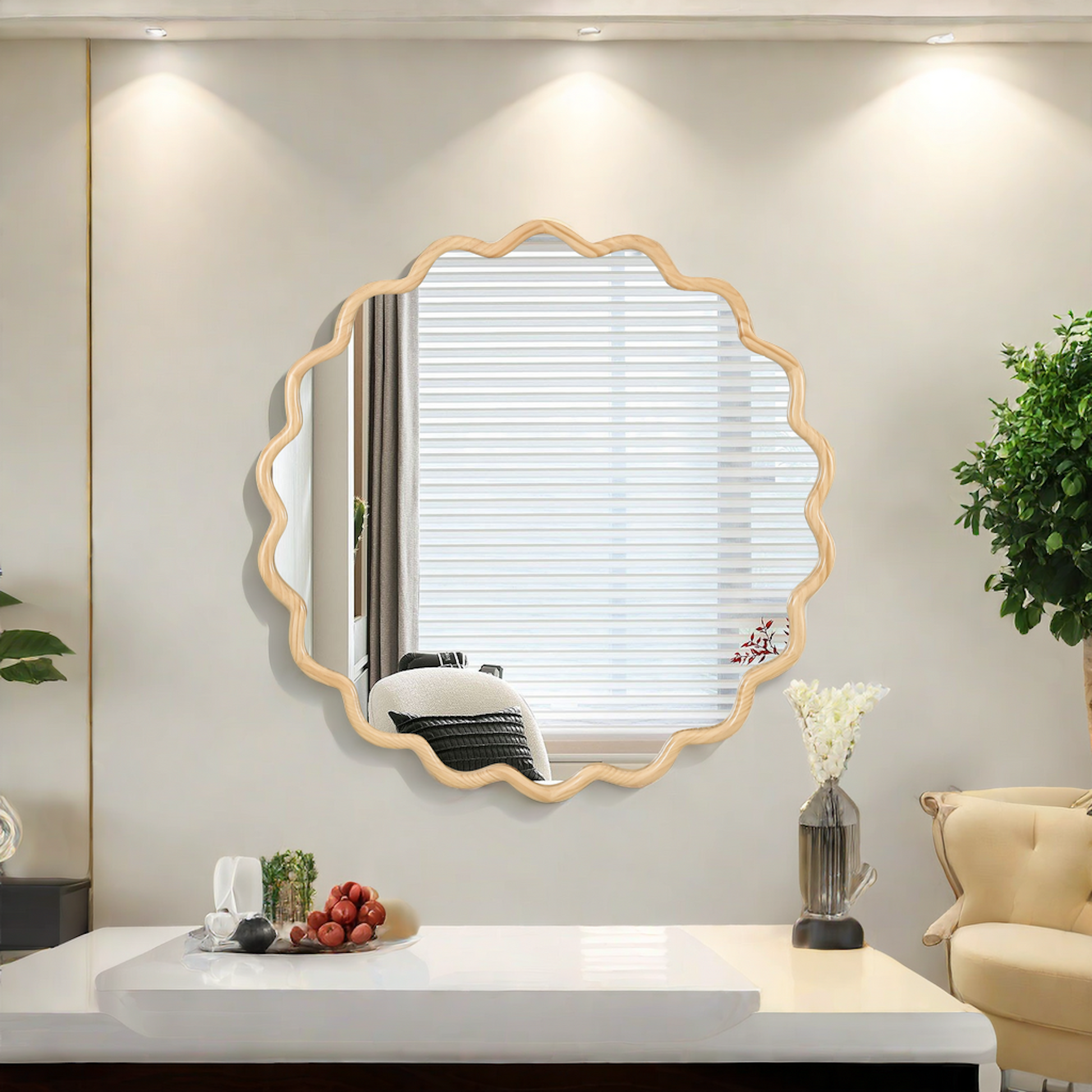 Scalloped wooden frame mirror with modern wavy edge for entryway decor