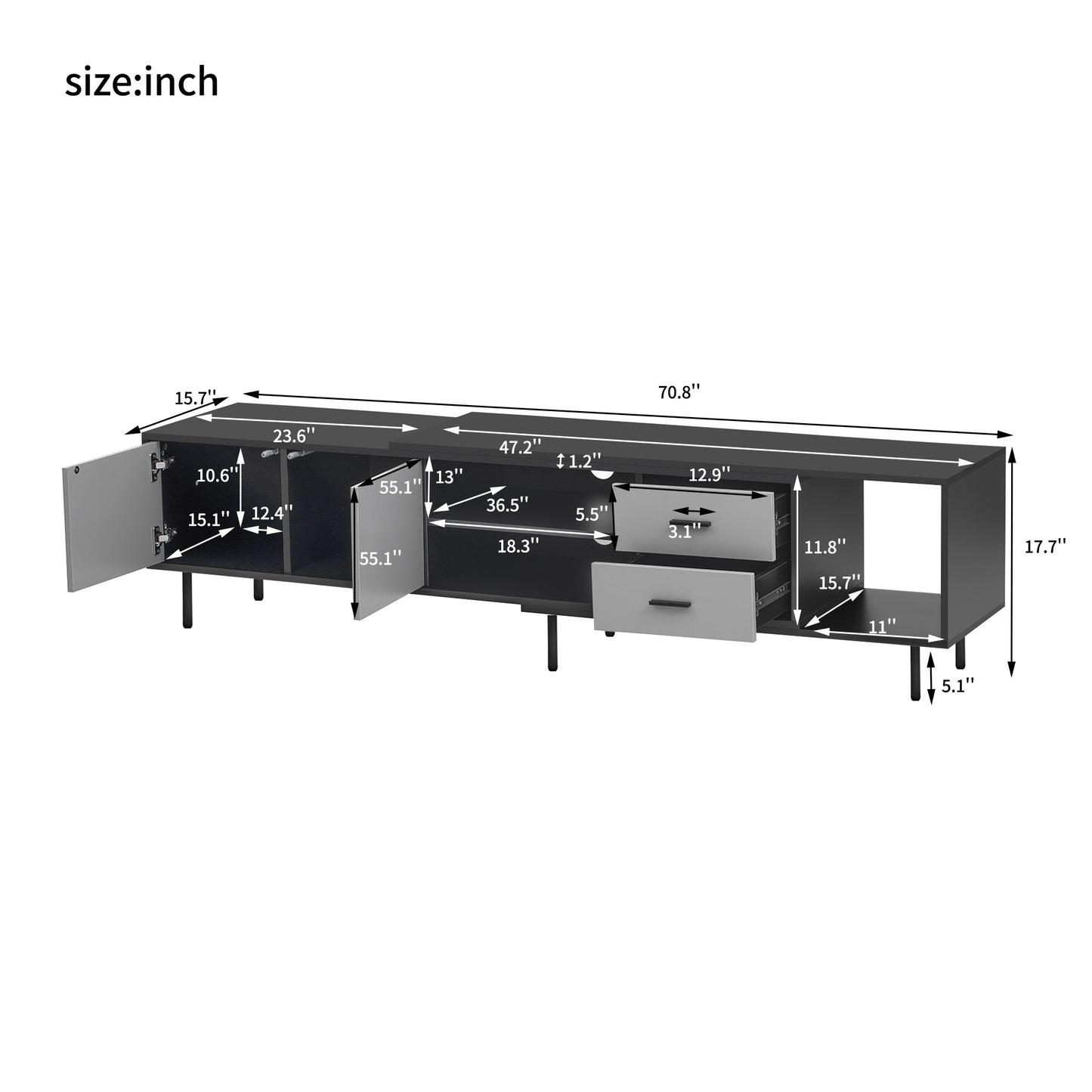 Modern black and gray TV stand with open shelves and drawers  long