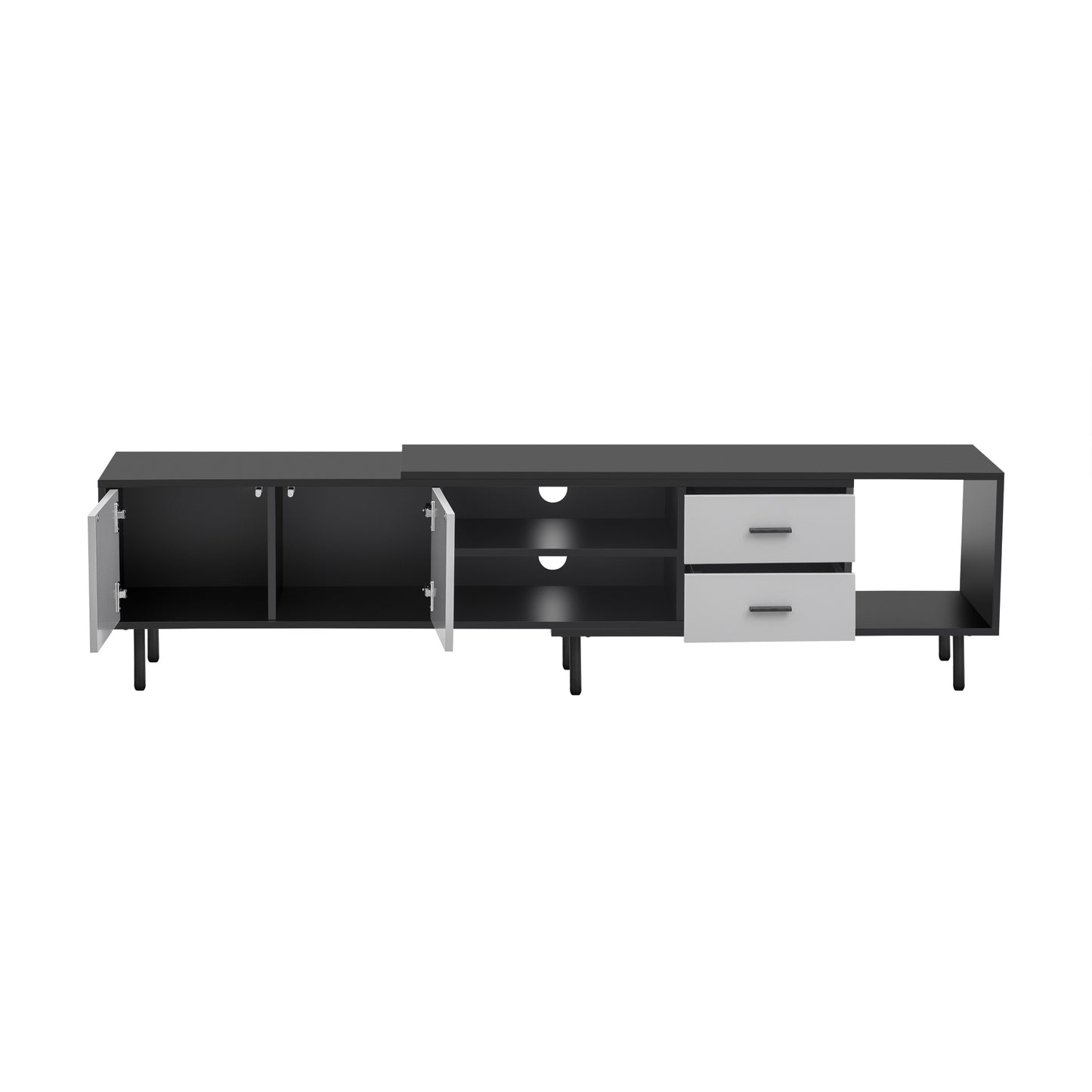 Modern black media console with two open cabinets two drawers and media shelves