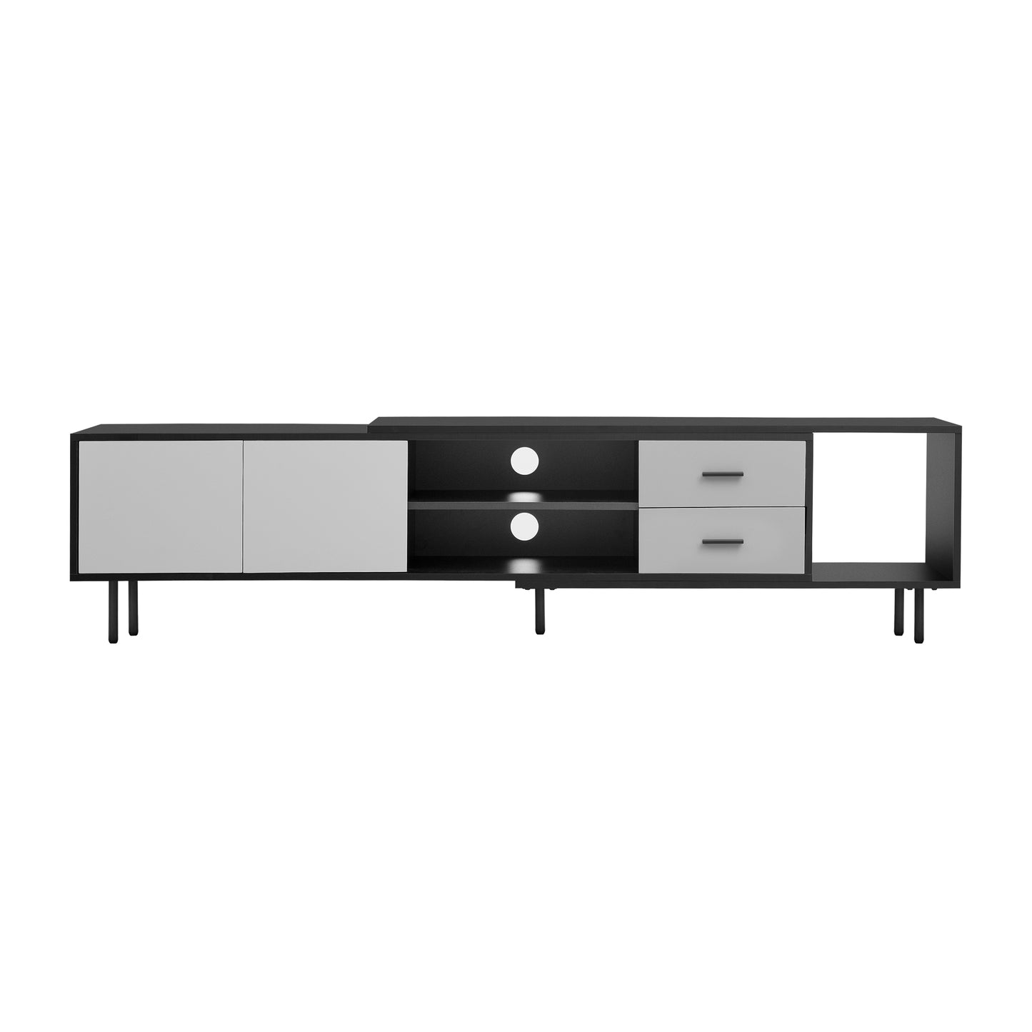 Modern black and light gray TV stand with two cabinets two drawers and open shelving