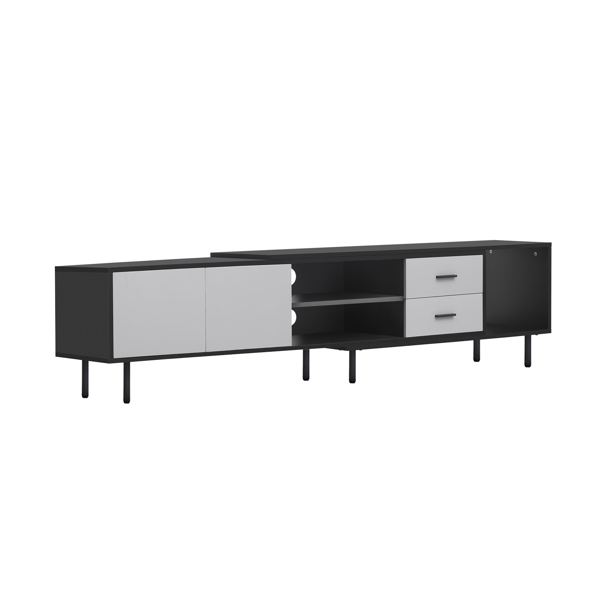 Modern black and white media console with two drawers and open shelves for TV setup
