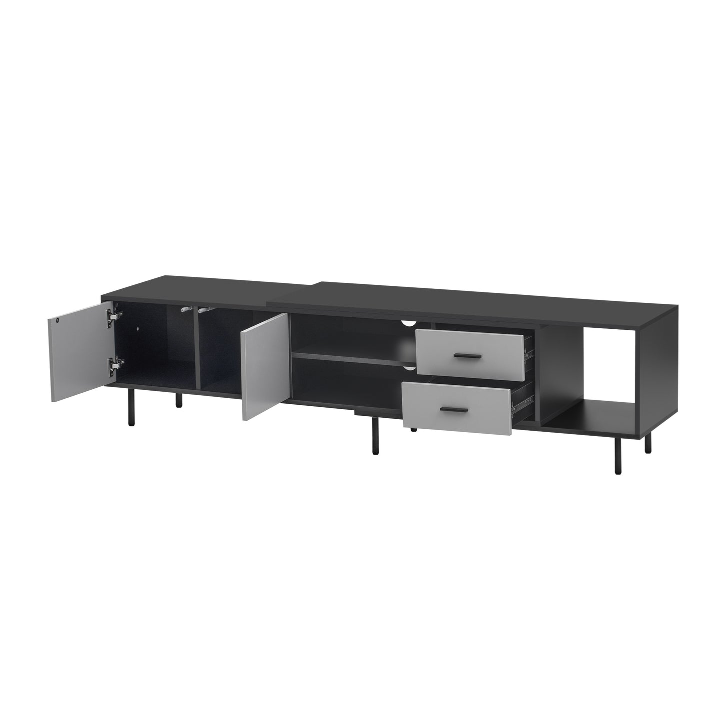 Sleek black TV stand with two grey drawers and open compartments Modern entertainment center