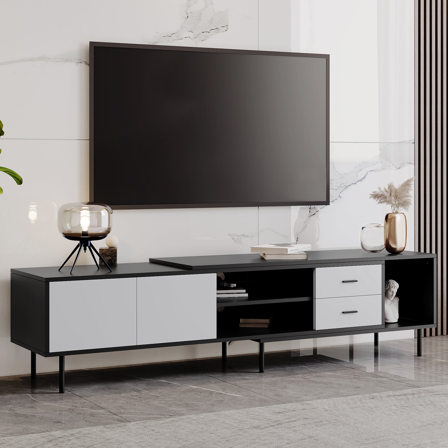 Modern black and white TV stand with two drawers and open shelving