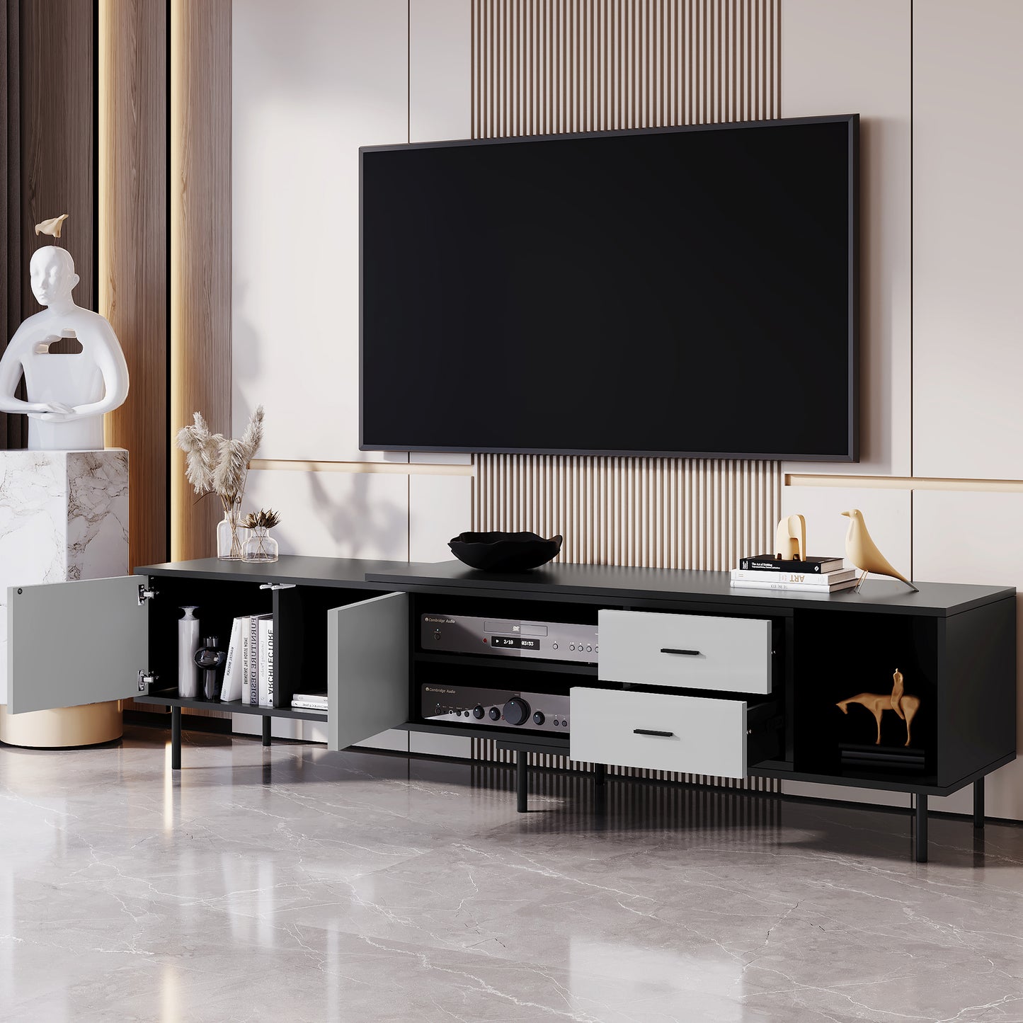 Sleek black media console with two drawers and open shelving perfect for organizing your entertainment setup