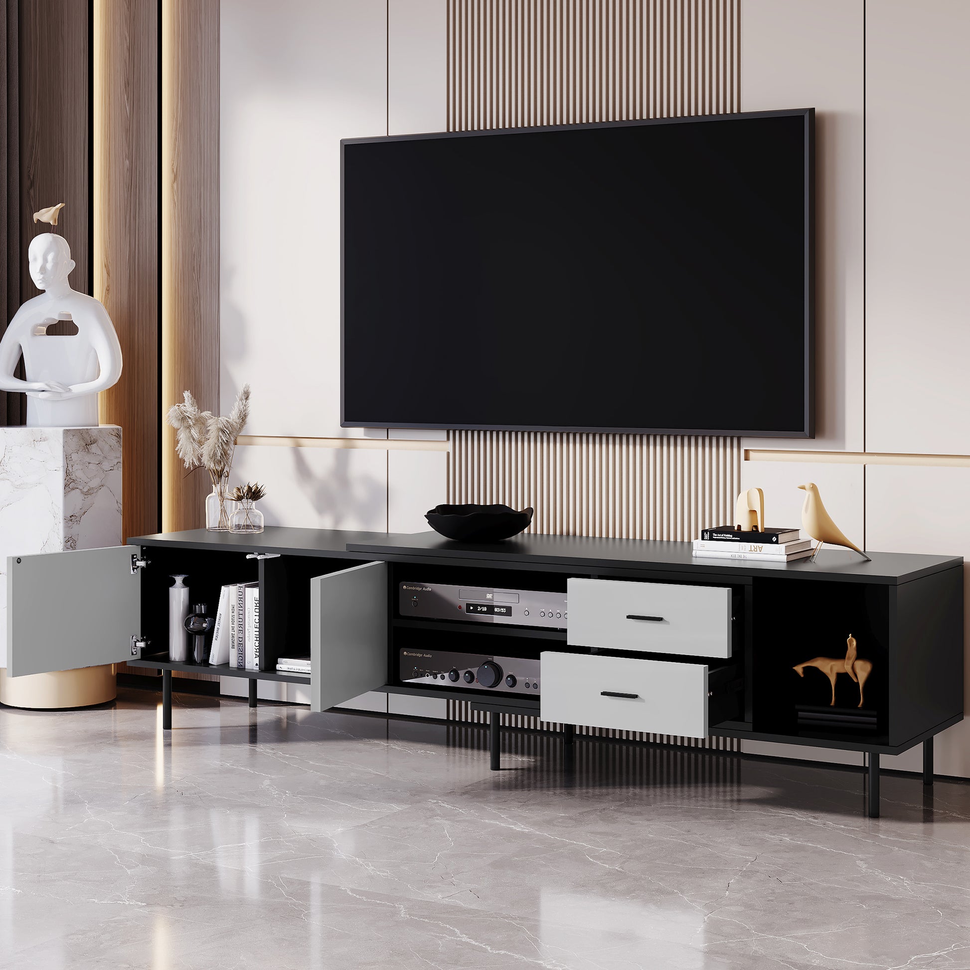 Sleek black media console with two drawers and open shelving perfect for organizing your entertainment setup