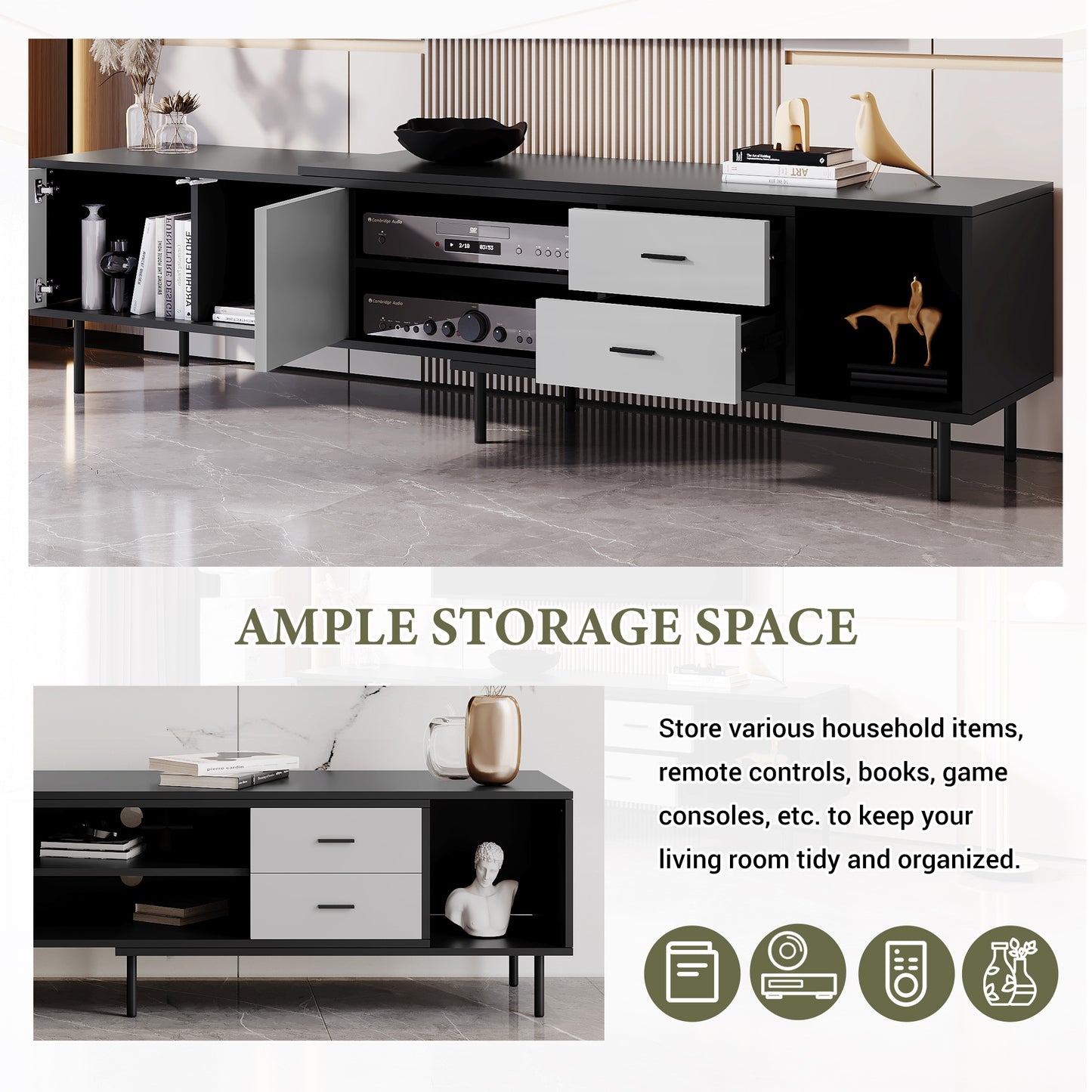 Modern black media console with dual drawers and open shelving for entertainment units