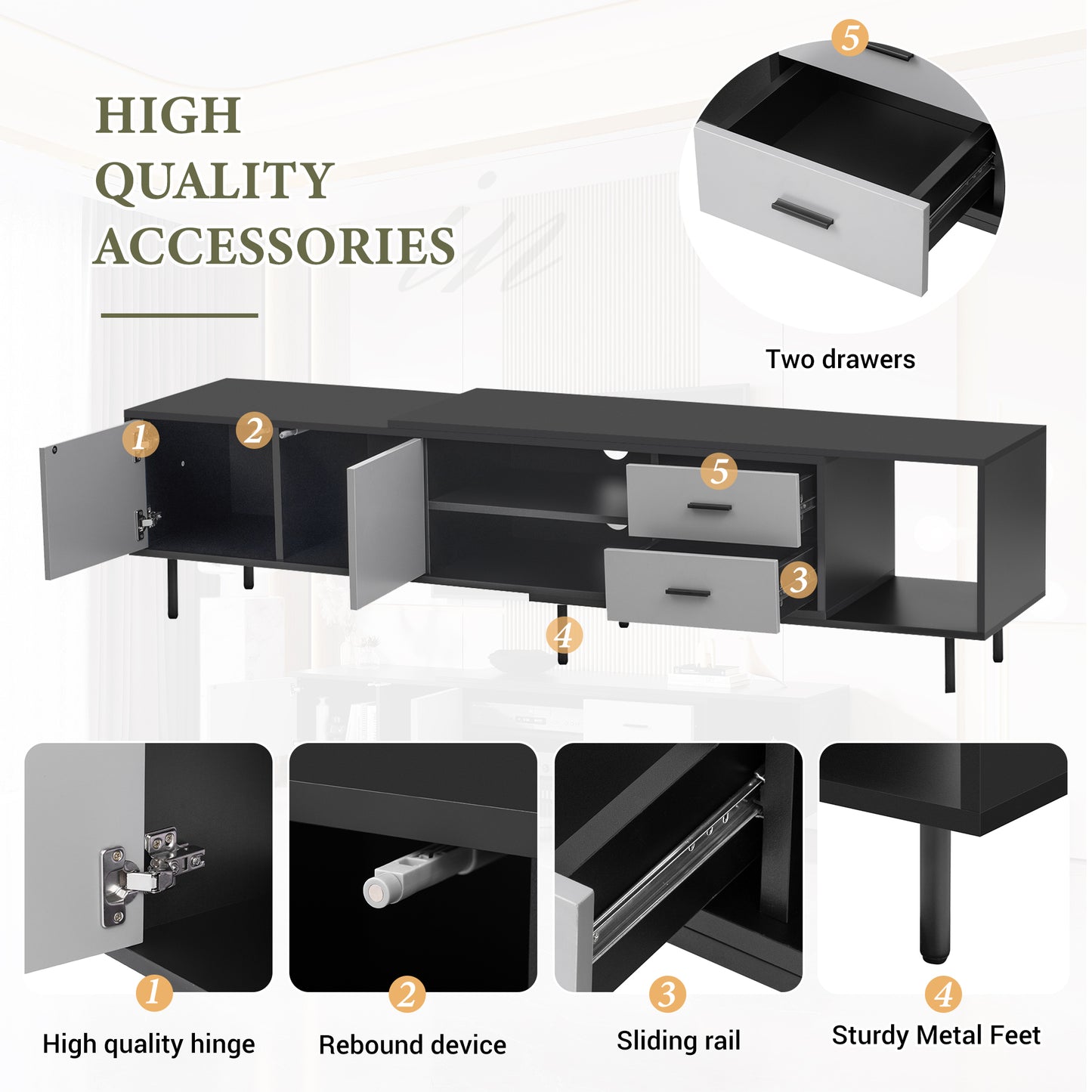 Black media console with two grey doors and two grey drawers showcasing highquality accessories