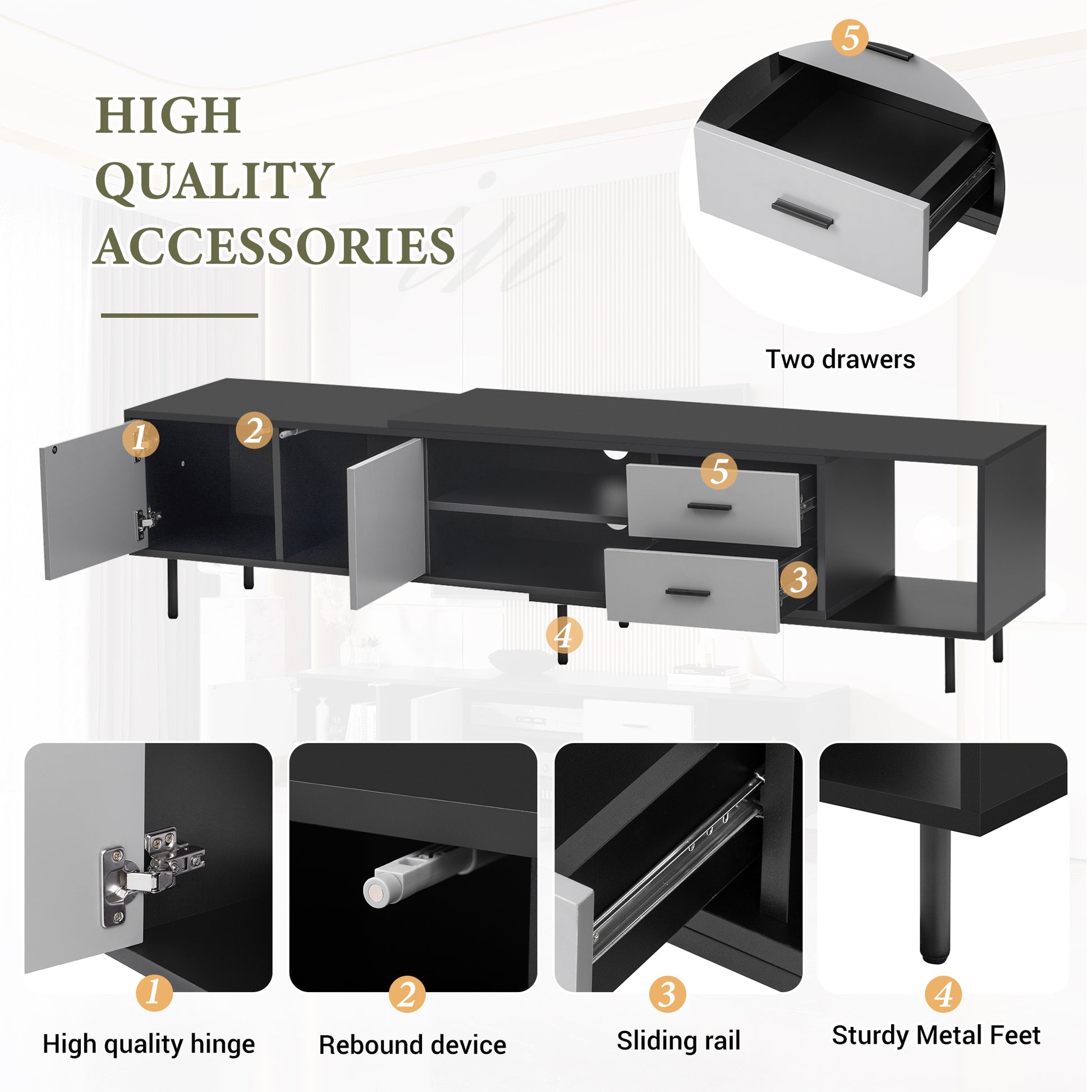 Black media console with two grey doors and two grey drawers showcasing highquality accessories