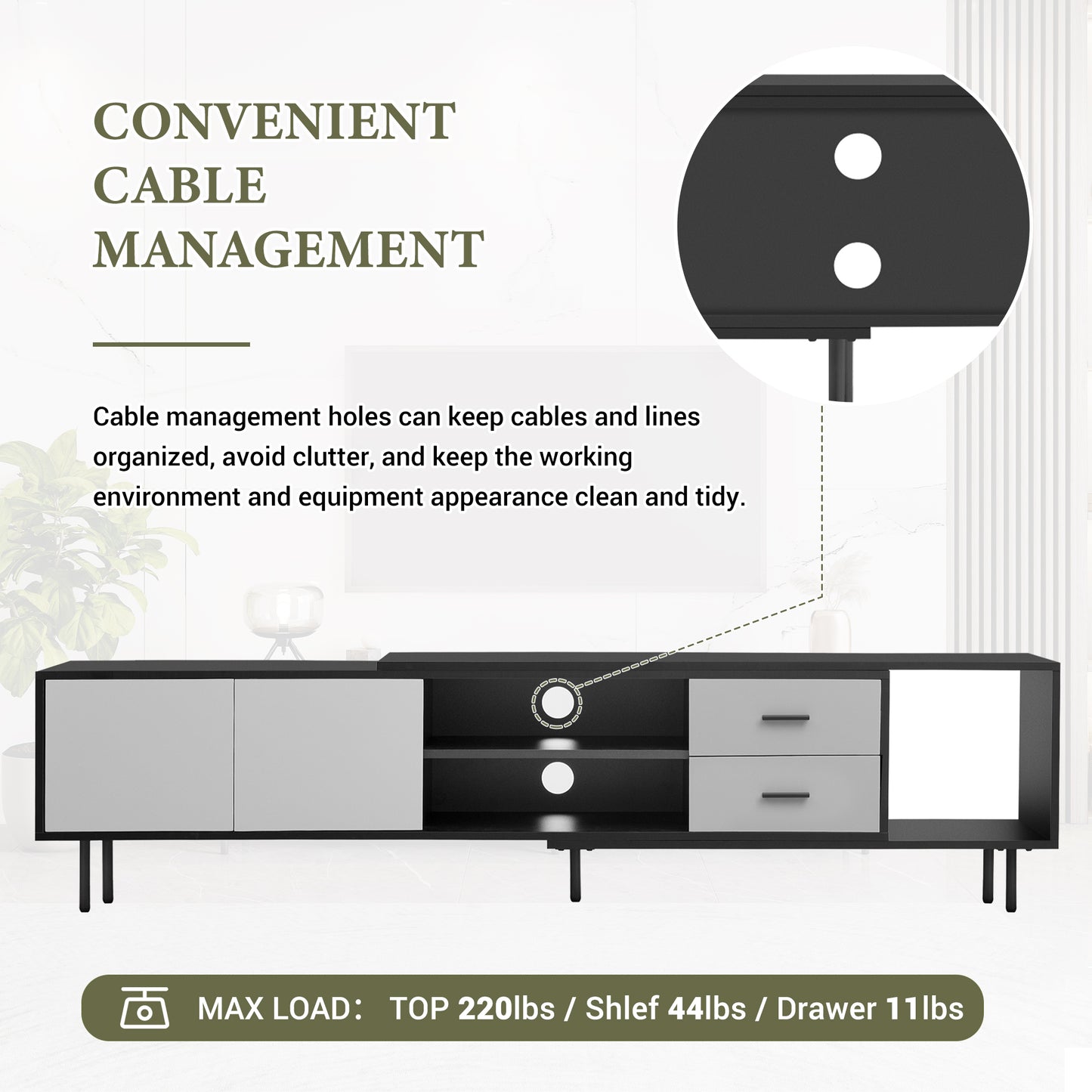 Modern black media console with light gray doors two drawers and cable management holes