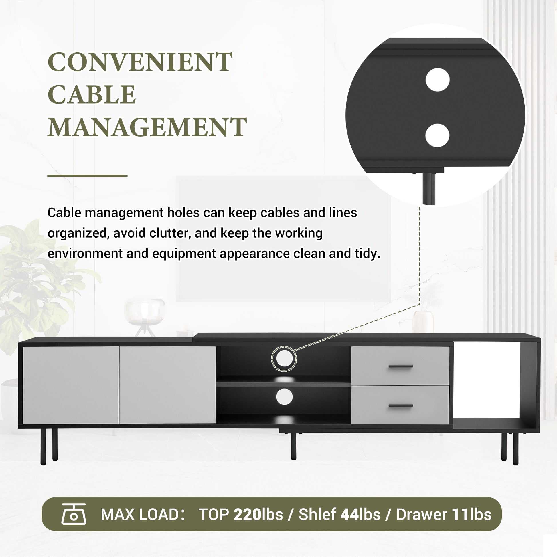 Modern black media console with light gray doors two drawers and cable management holes