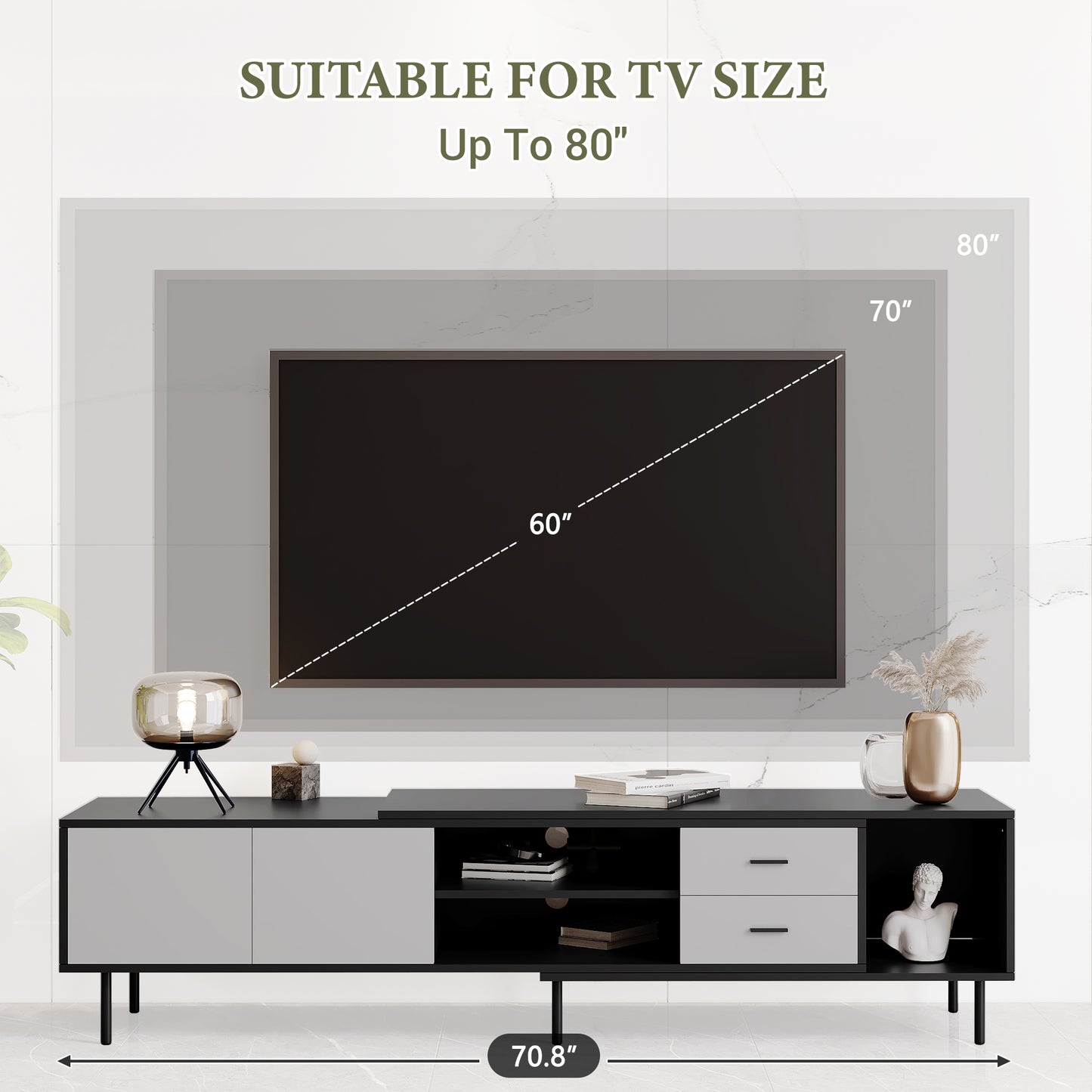 Modern black media console with gray doors  inches long