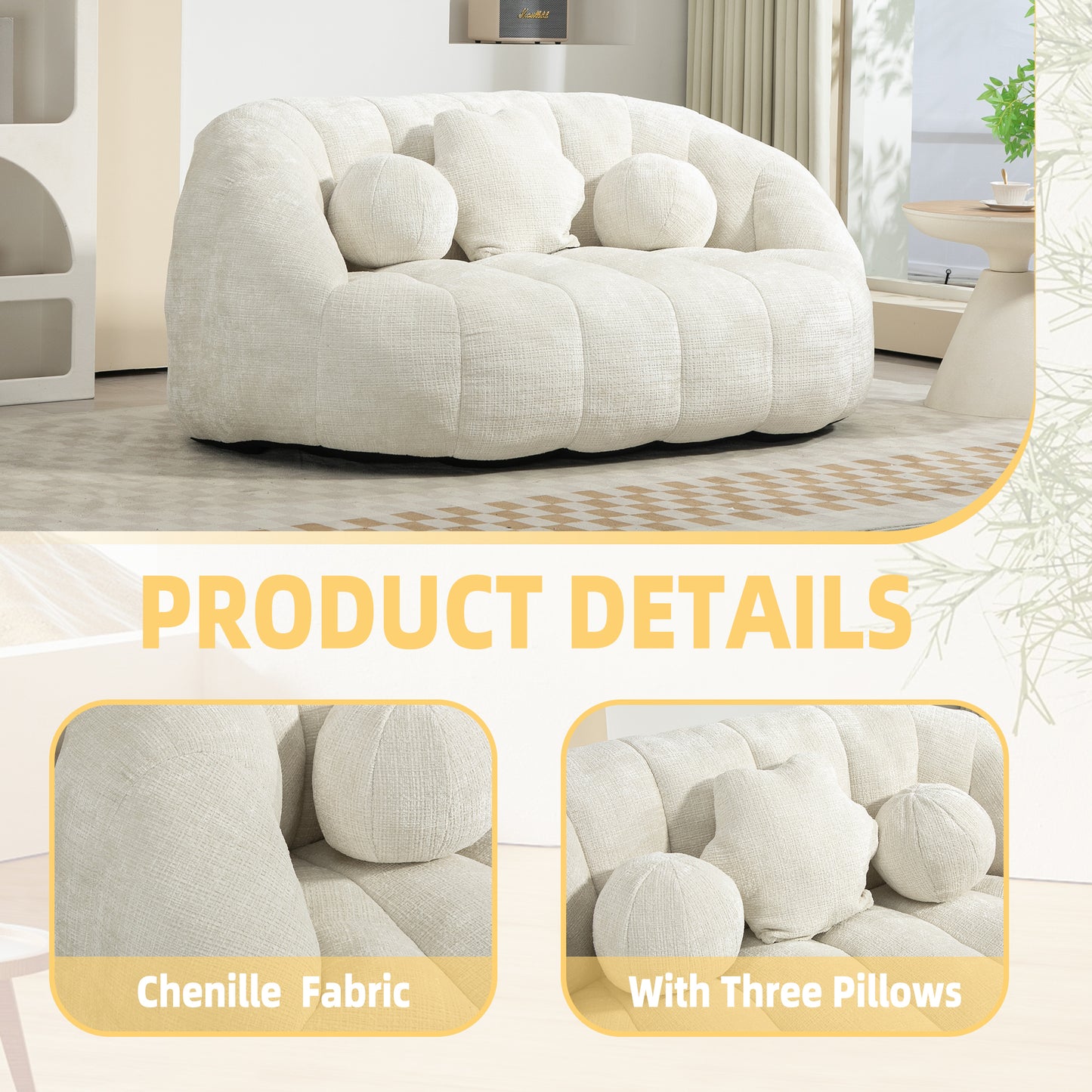 Plush cream chenille fabric sofa with three decorative pillows for living room comfort