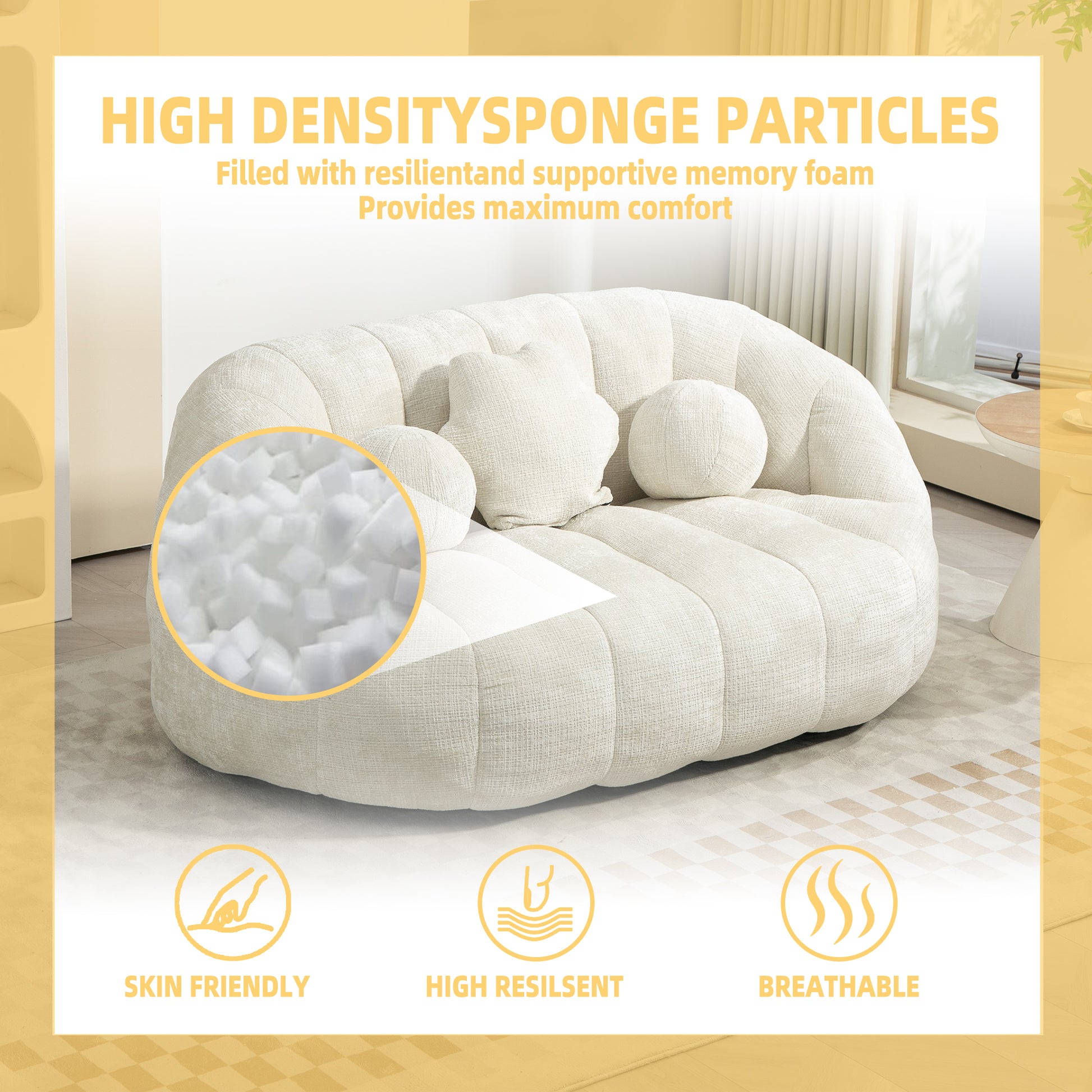 Cream textured sofa with round plush cushions filled with highdensity sponge particles for maximum comfort