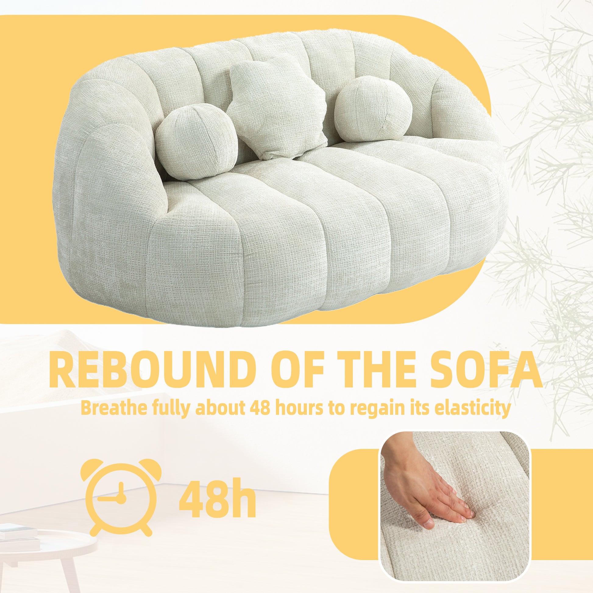 Cream boucle tufted sofa with round and square accent pillows