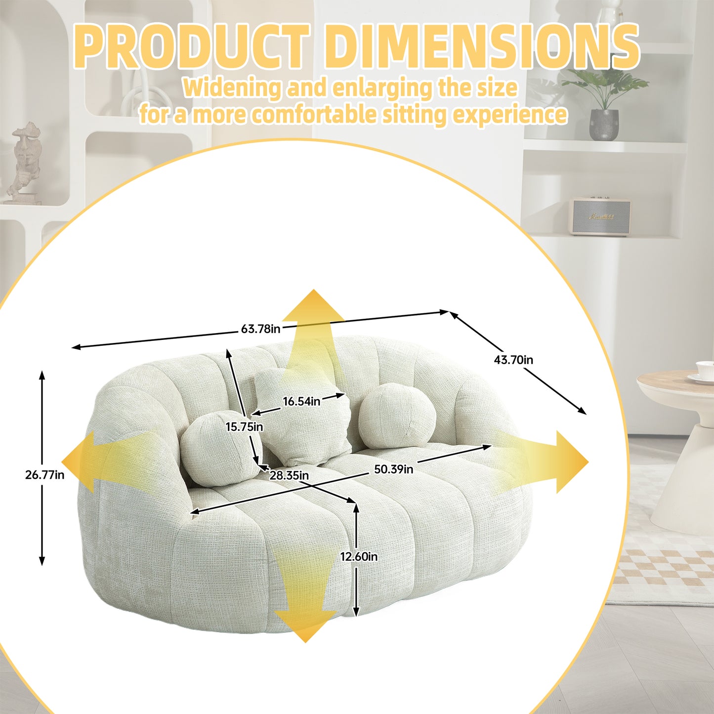 Cream boucle loveseat with textured upholstery and accent pillows dimensions shown