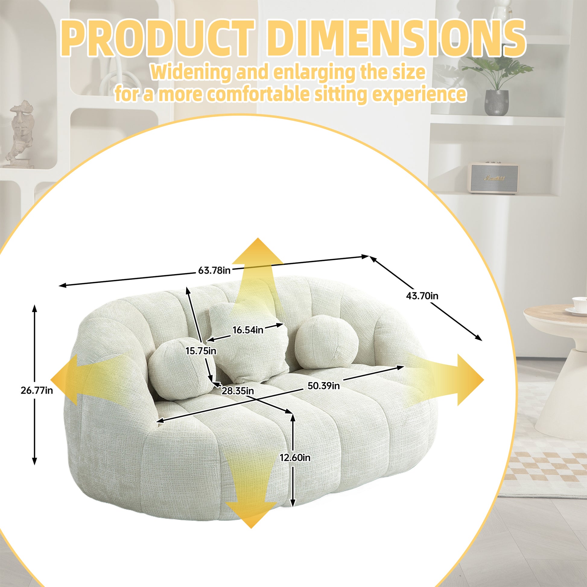 Cream boucle loveseat with textured upholstery and accent pillows dimensions shown