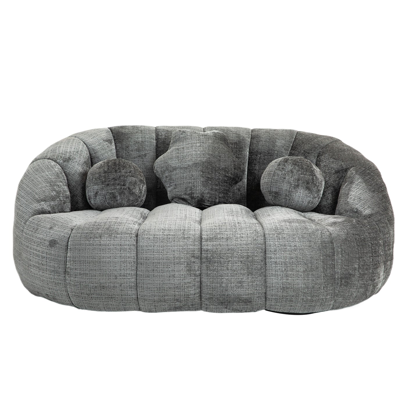 Rounded grey boucle fabric loveseat with accent pillows for cozy living room seating