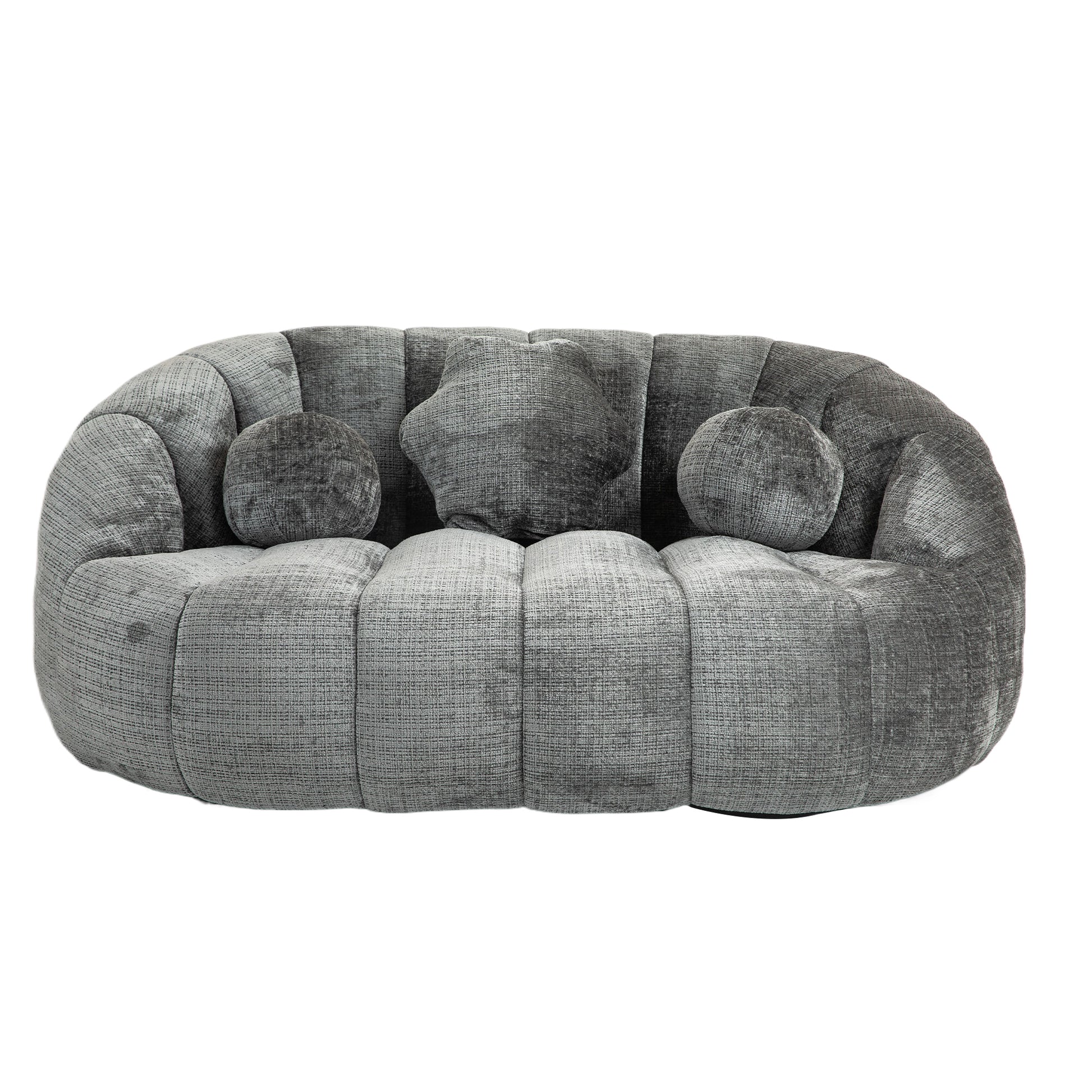 Rounded grey boucle fabric loveseat with accent pillows for cozy living room seating