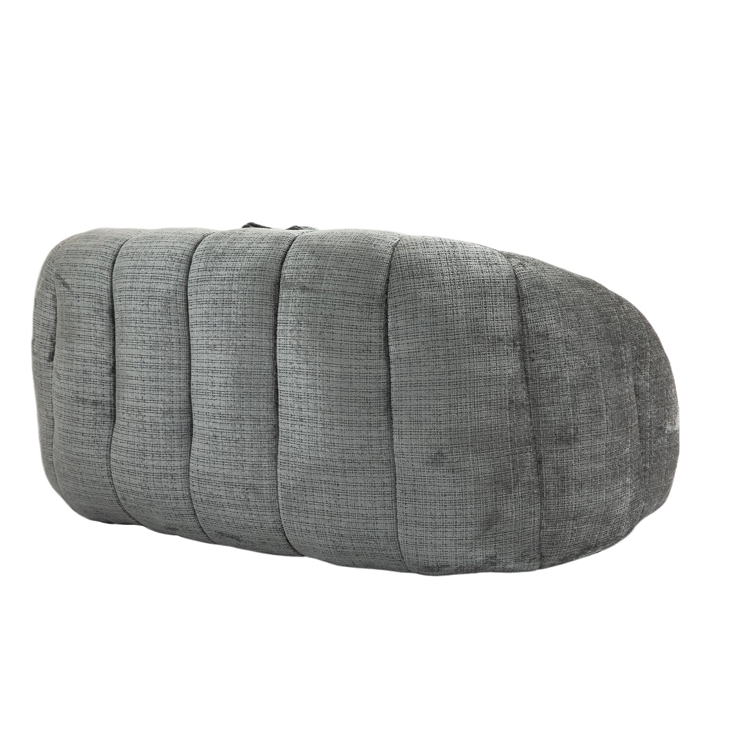 Textured gray fabric oval ottoman with vertical channel tufting for modern living rooms