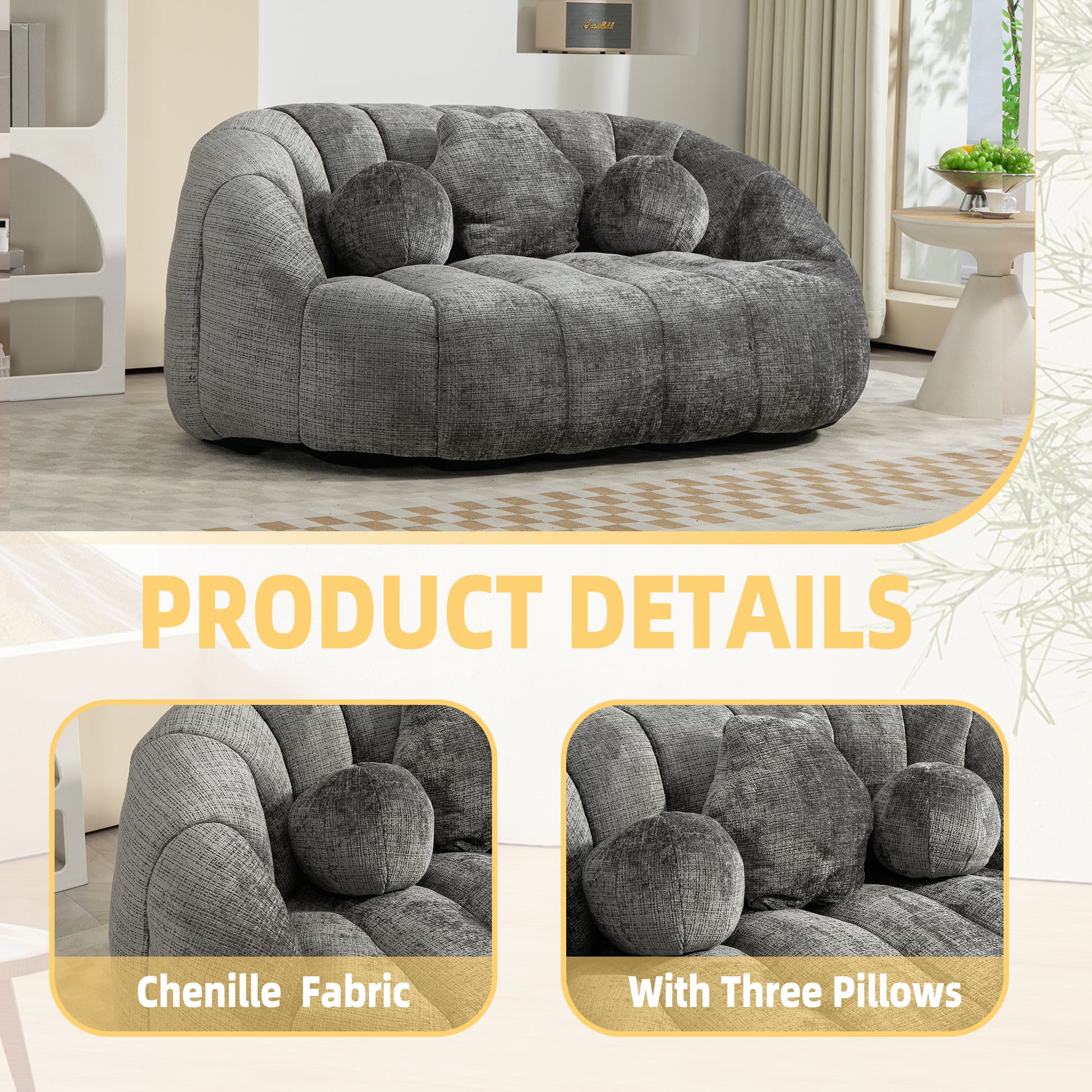 Gray chenille fabric sofa with plush rounded cushions and lumbar pillows for cozy seating