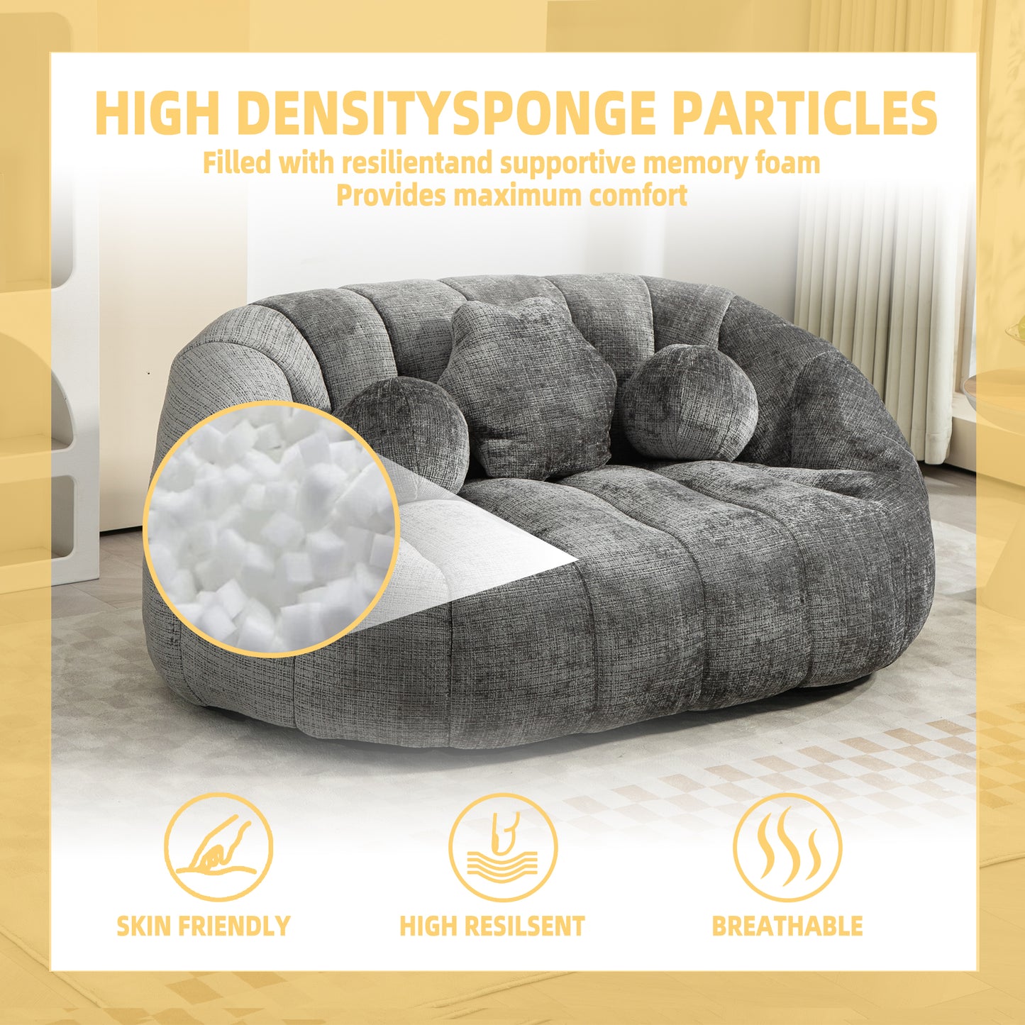 Plush grey sofa filled with highdensity sponge particles for ultimate comfort