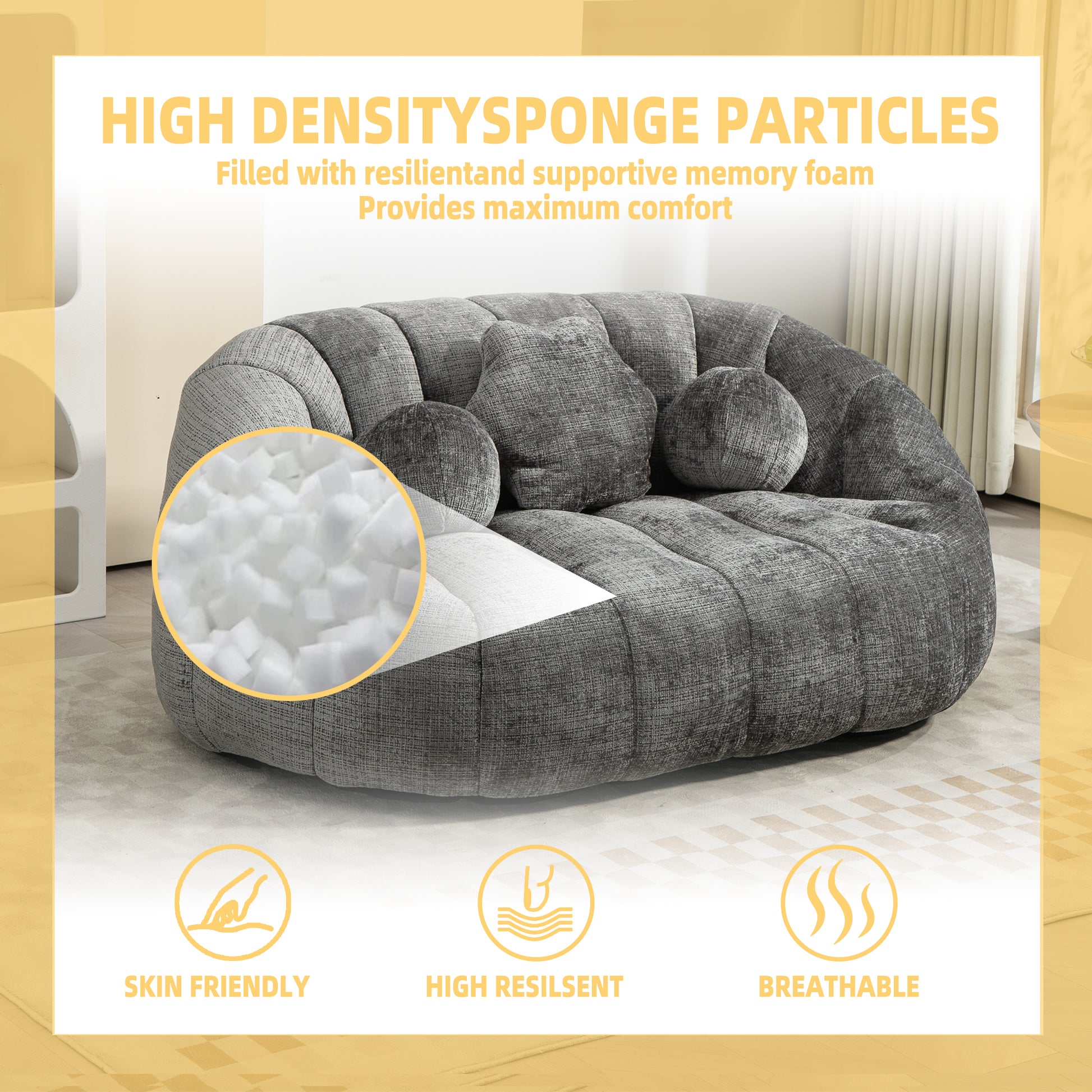 Plush grey sofa filled with highdensity sponge particles for ultimate comfort