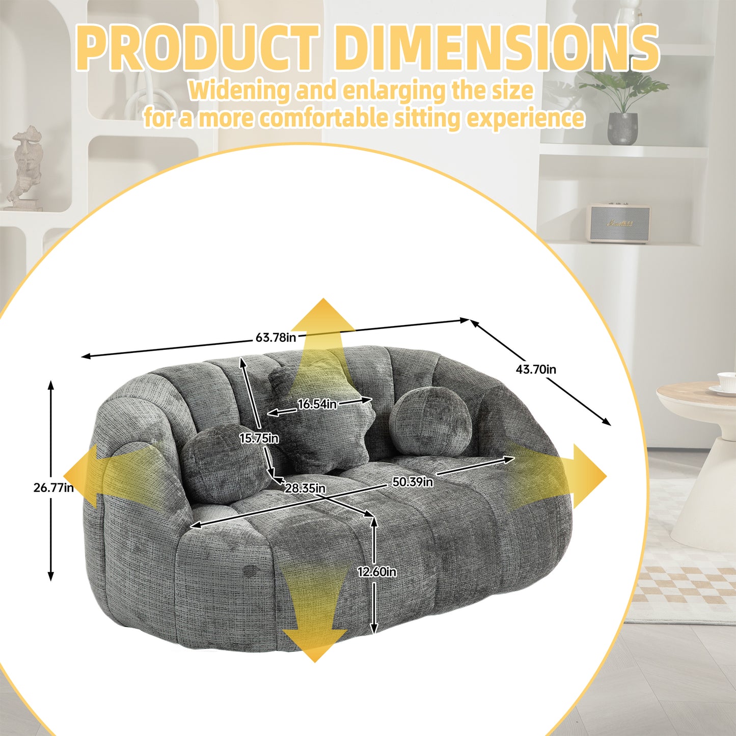 Grey upholstered loveseat with textured fabric and plush cushions measuring in wide