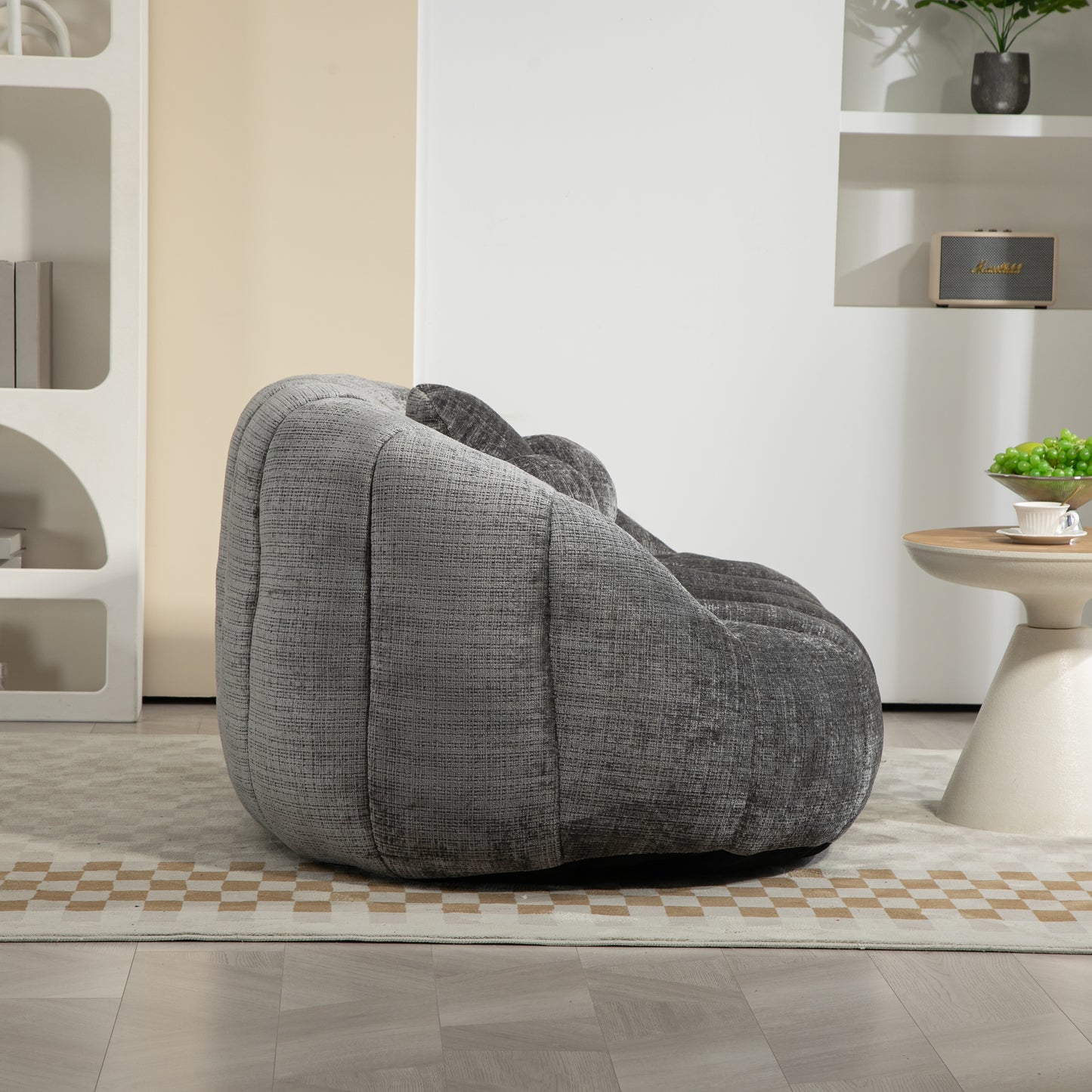 Textured grey bean bag chair for a cozy living room setup