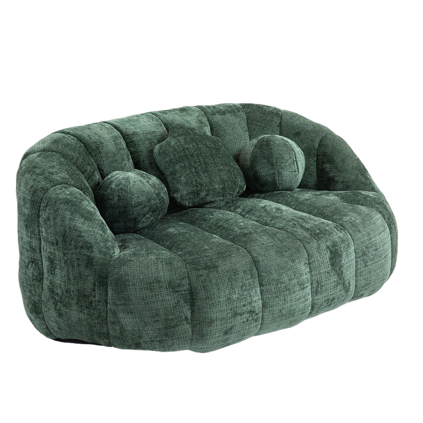 Green plush loveseat with channeled upholstery and rounded accent pillows