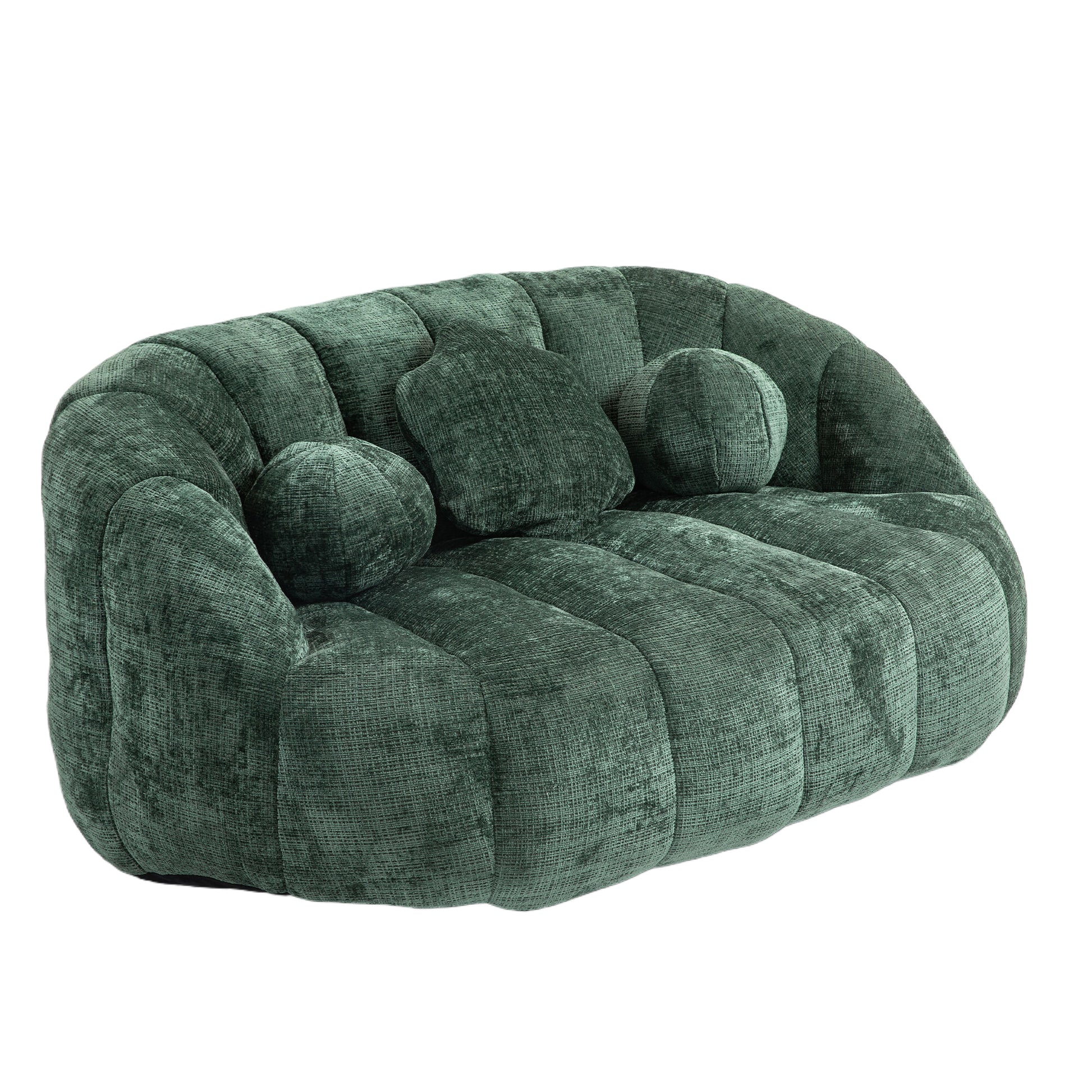 Green plush loveseat with channeled upholstery and rounded accent pillows