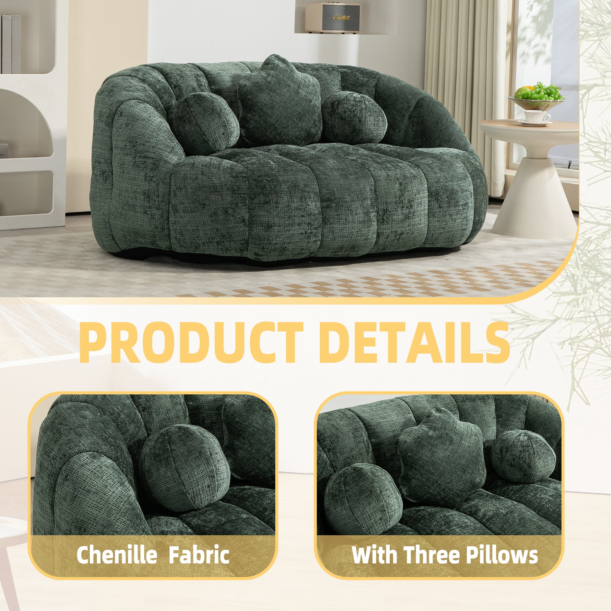 Plush green chenille loveseat with rounded cushions and three decorative pillows
