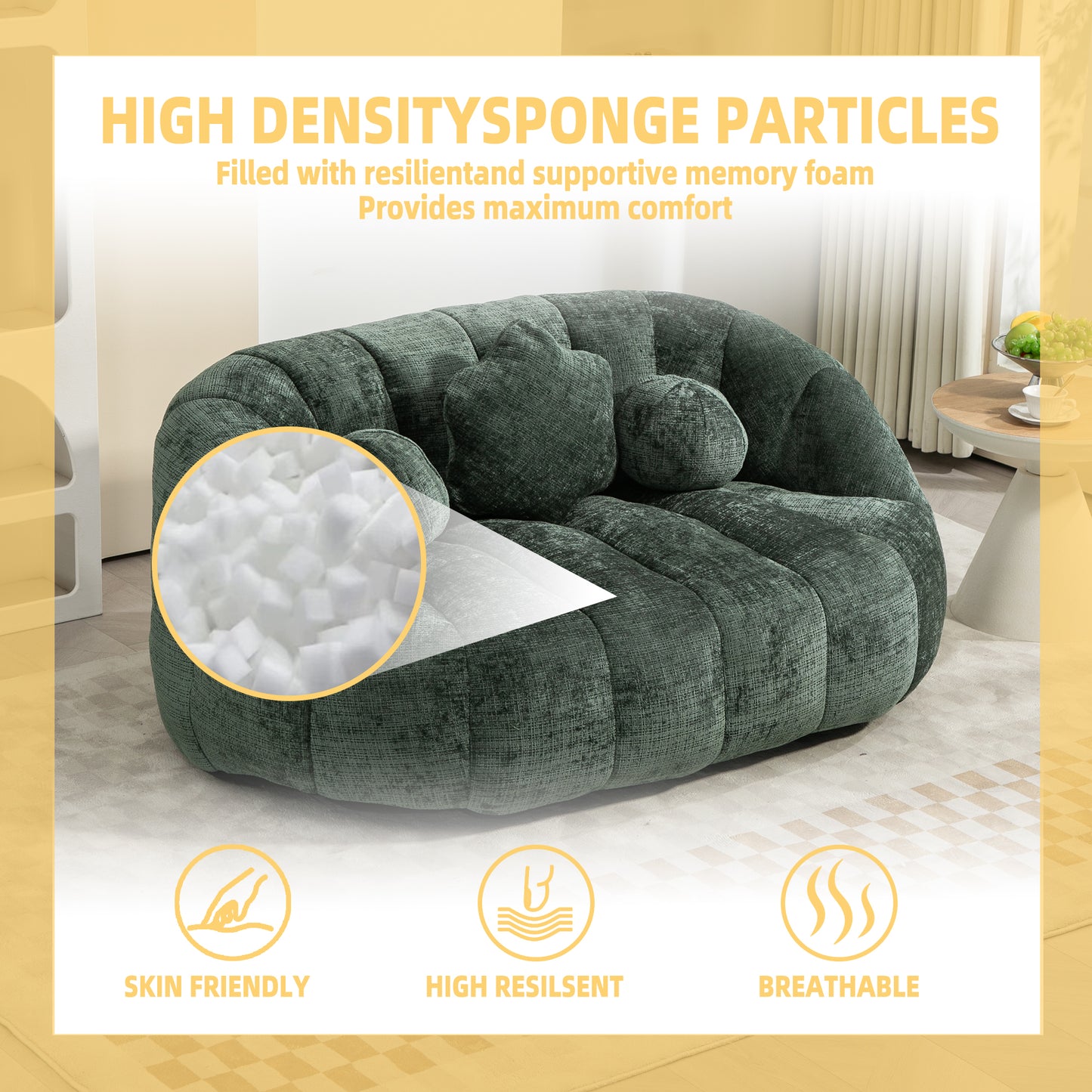 Deep green tufted sofa with plush cushions featuring highdensity sponge particles for comfort
