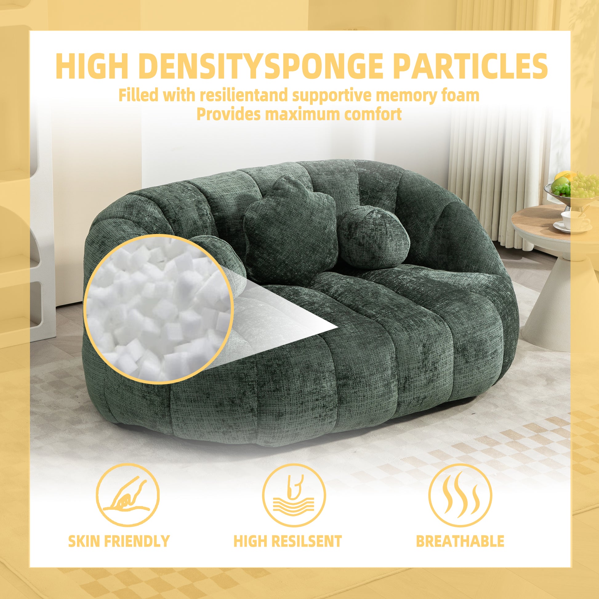 Deep green tufted sofa with plush cushions featuring highdensity sponge particles for comfort