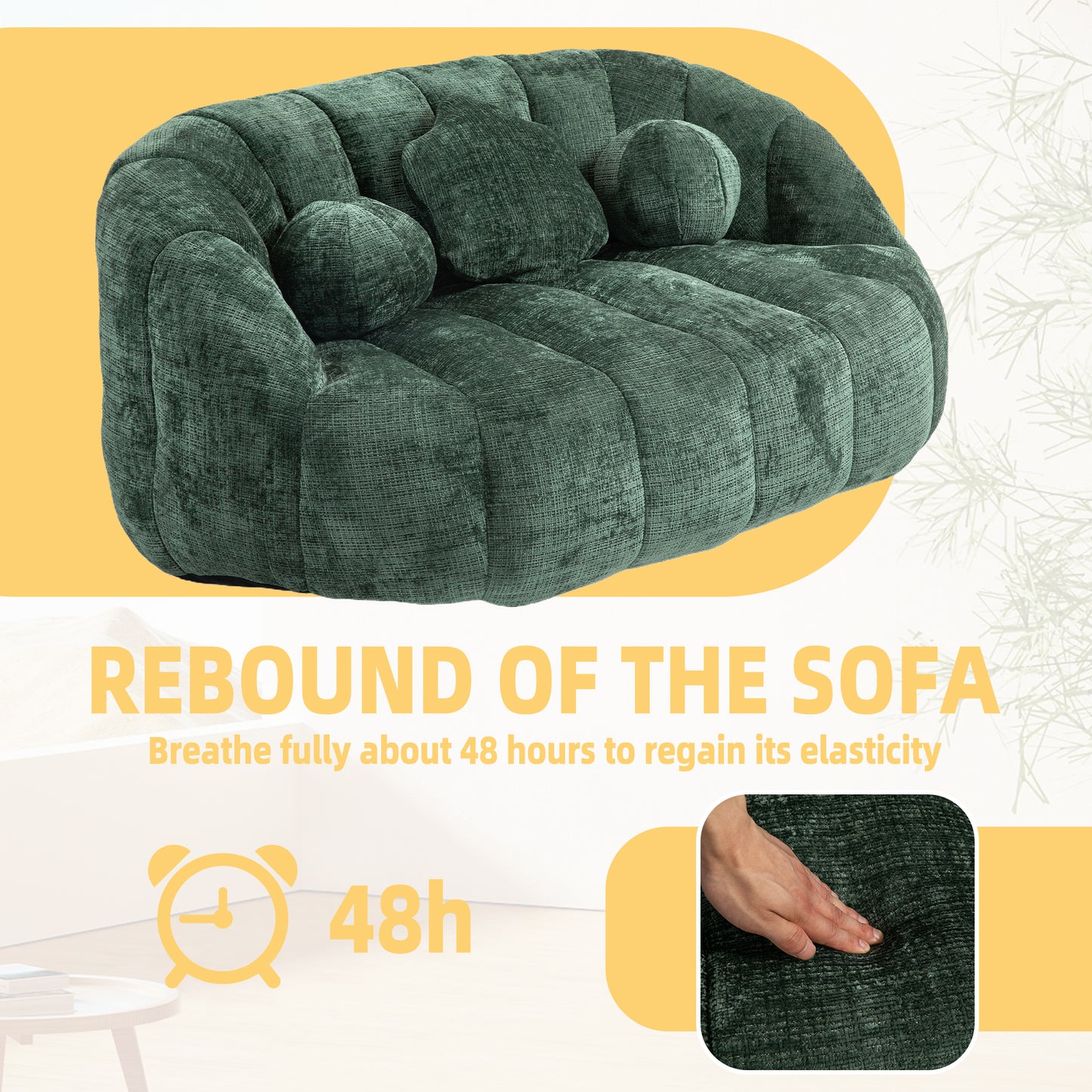 Plush emerald green sofa with textured fabric and round accent pillows