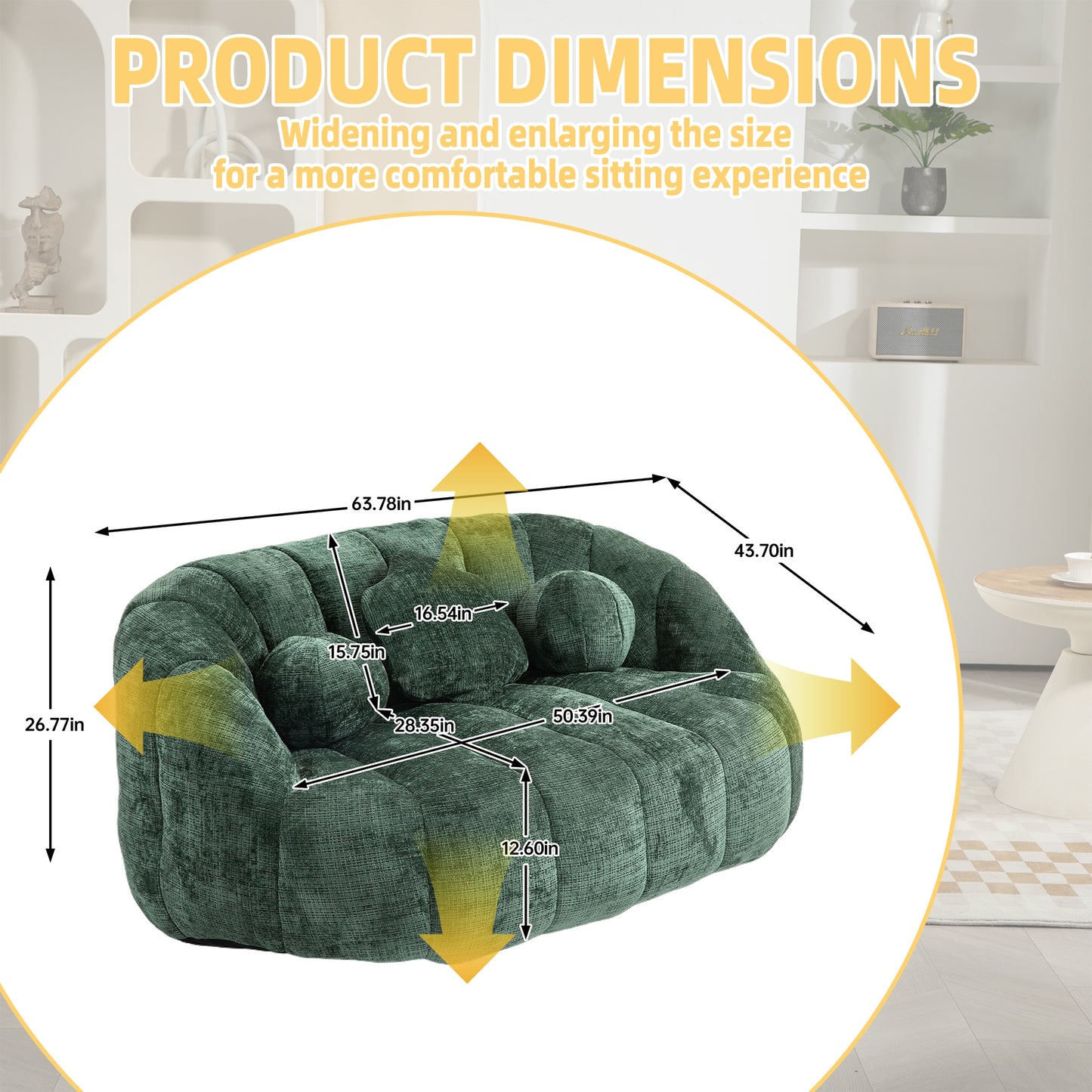 Plush green textured bean bag chair with detailed dimensions for comfort